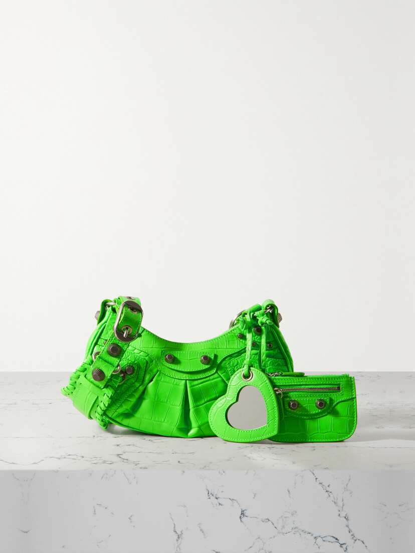 Balenciaga Le Cagole Xs Studded Neon Croc-effect Leather Shoulder Bag