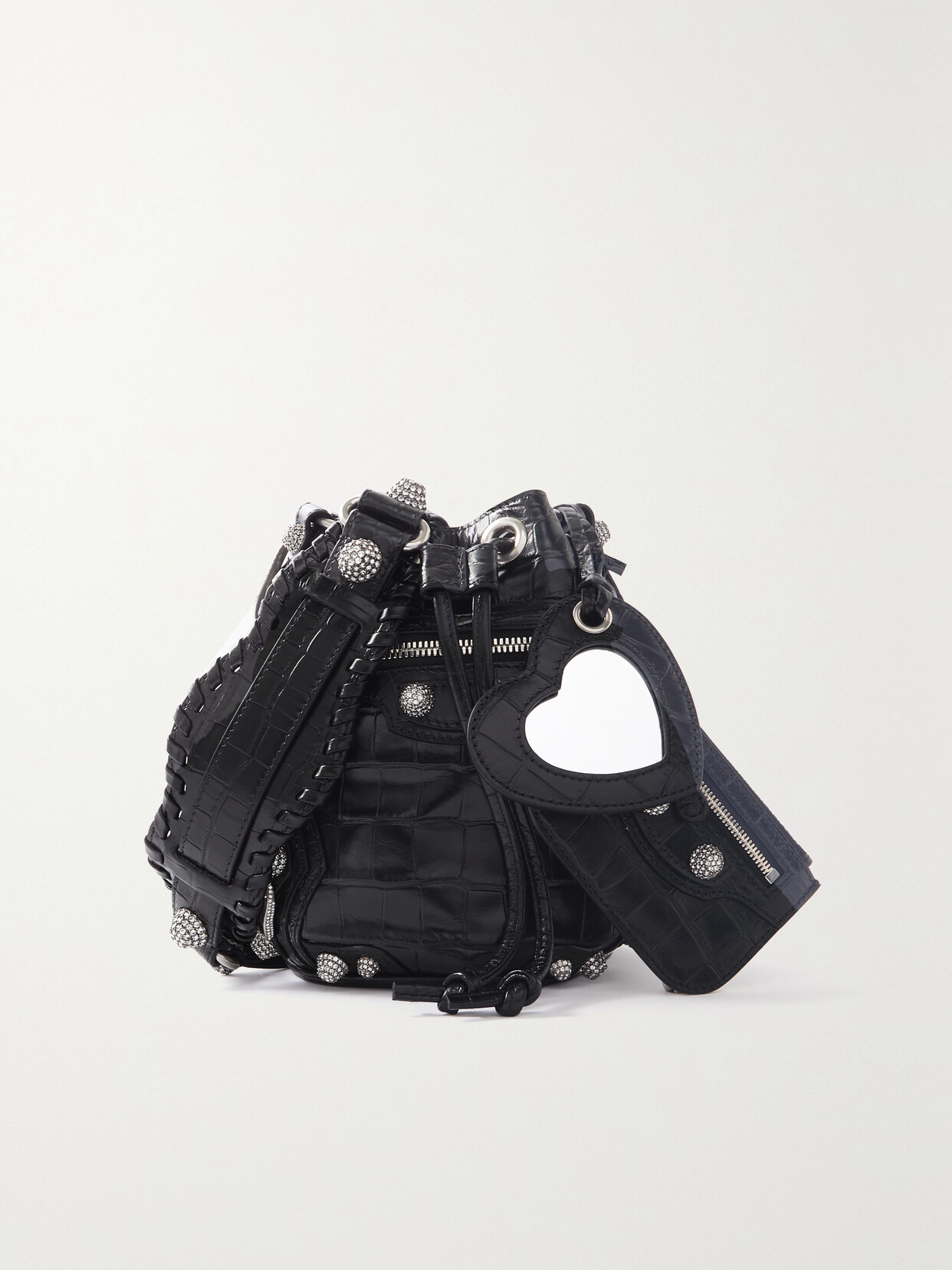 BALENCIAGA LE CAGOLE XS STUDDED CROC-EFFECT LEATHER BUCKET BAG