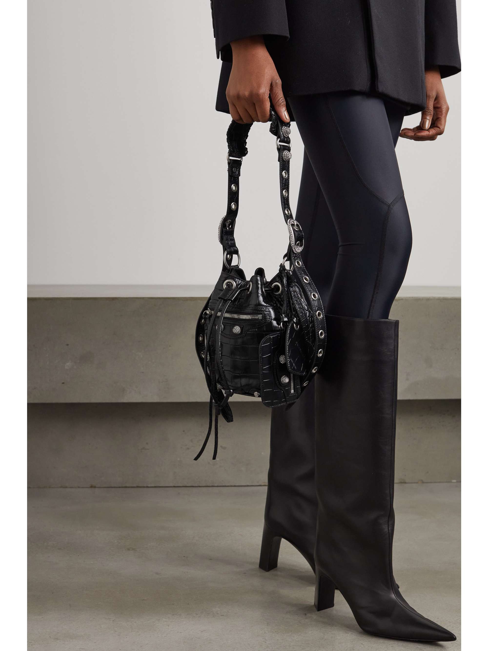 BALENCIAGA Le Cagole XS studded crinkled-leather bucket bag