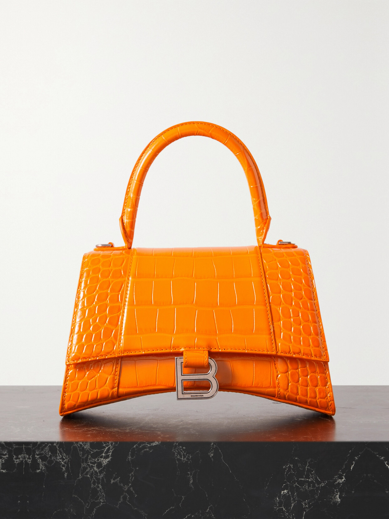 BALENCIAGA HOURGLASS SMALL CROC-EFFECT LEATHER TOTE