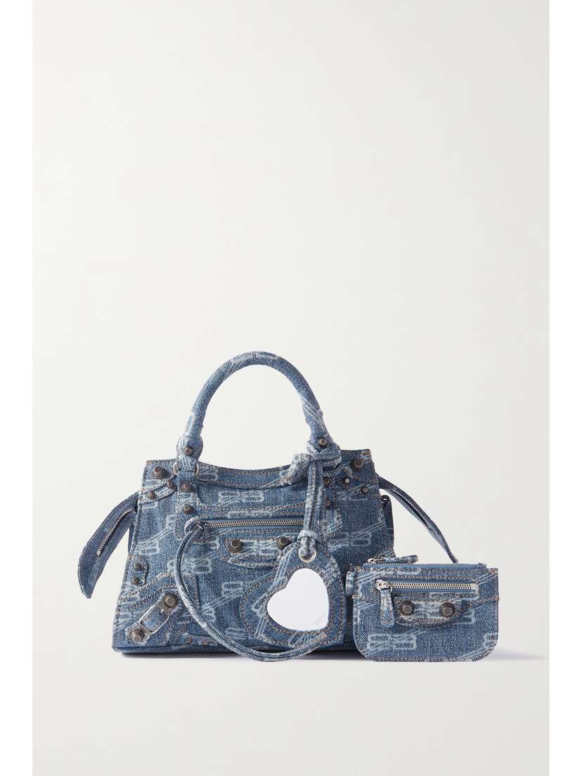 Balenciaga Neo Cagole Xs Studded Printed Denim Tote