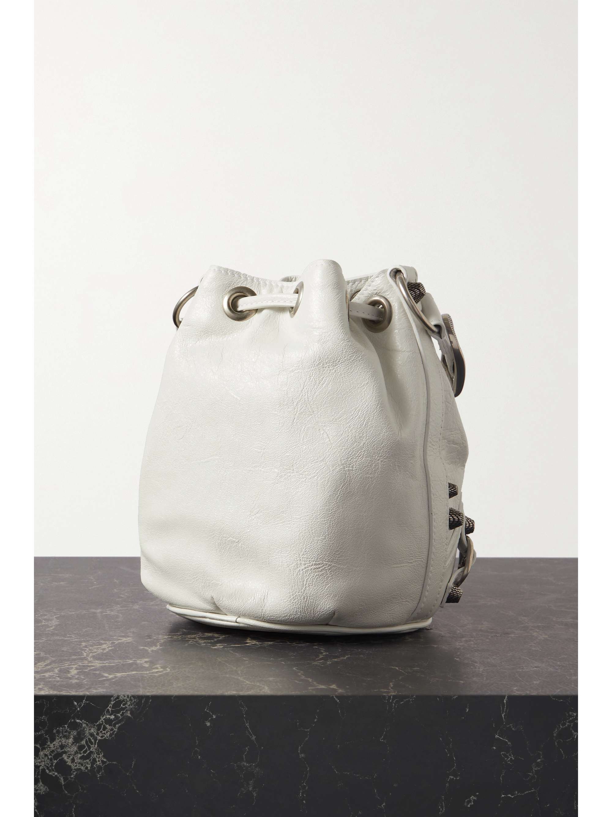 BALENCIAGA Le Cagole XS studded crinkled-leather bucket bag