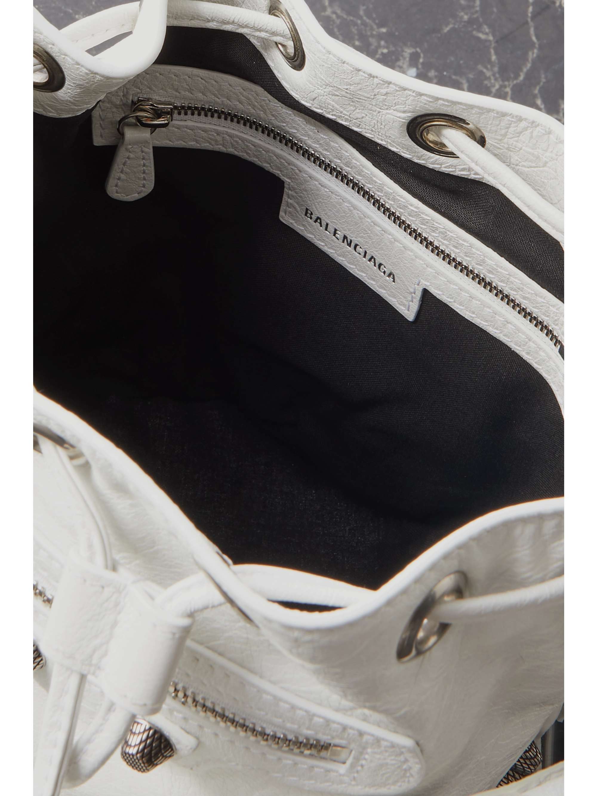 BALENCIAGA Le Cagole XS studded crinkled-leather bucket bag