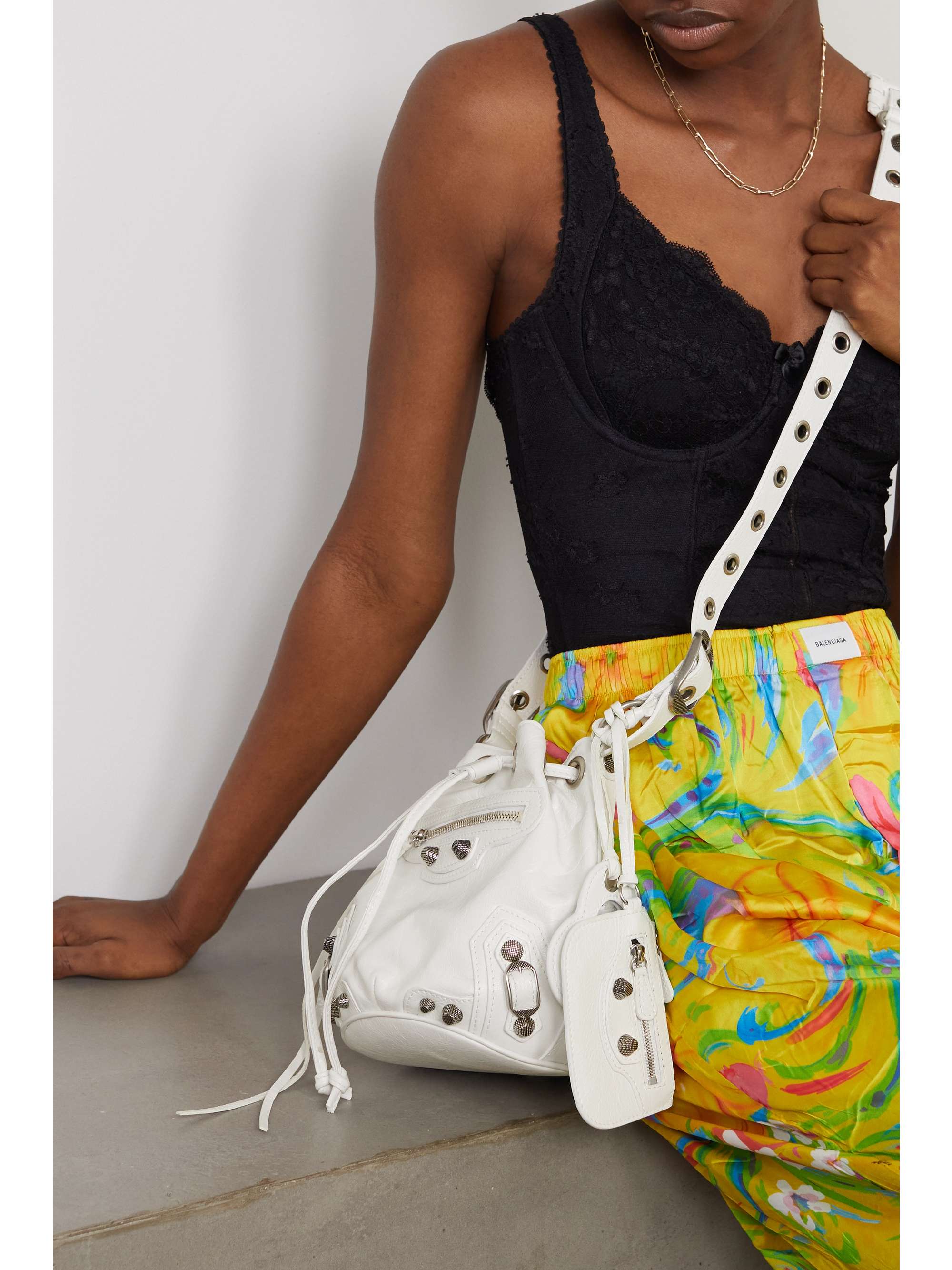 BALENCIAGA Le Cagole XS studded crinkled-leather bucket bag