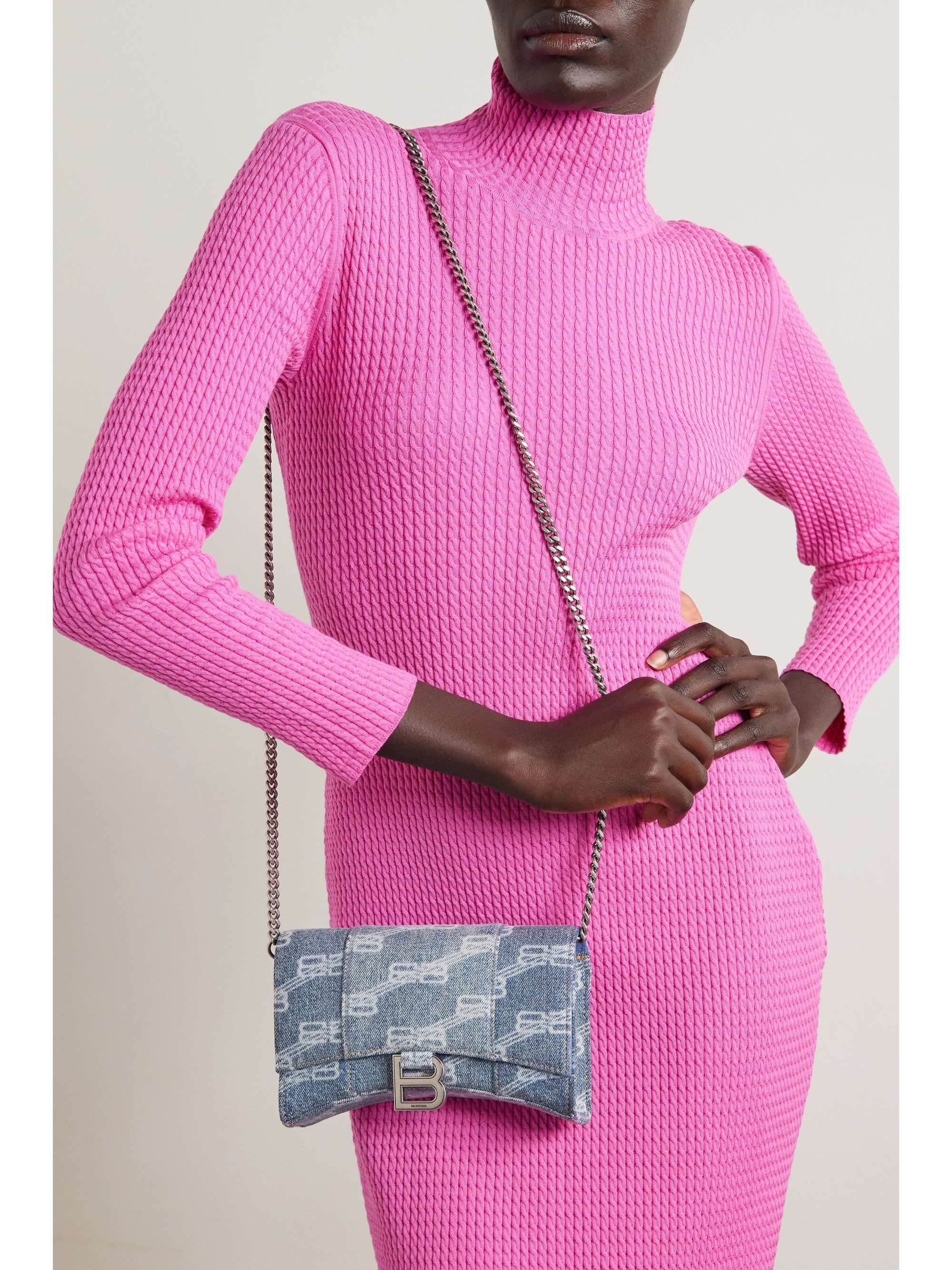 Pink Hourglass XS logo-print denim cross-body bag, Balenciaga