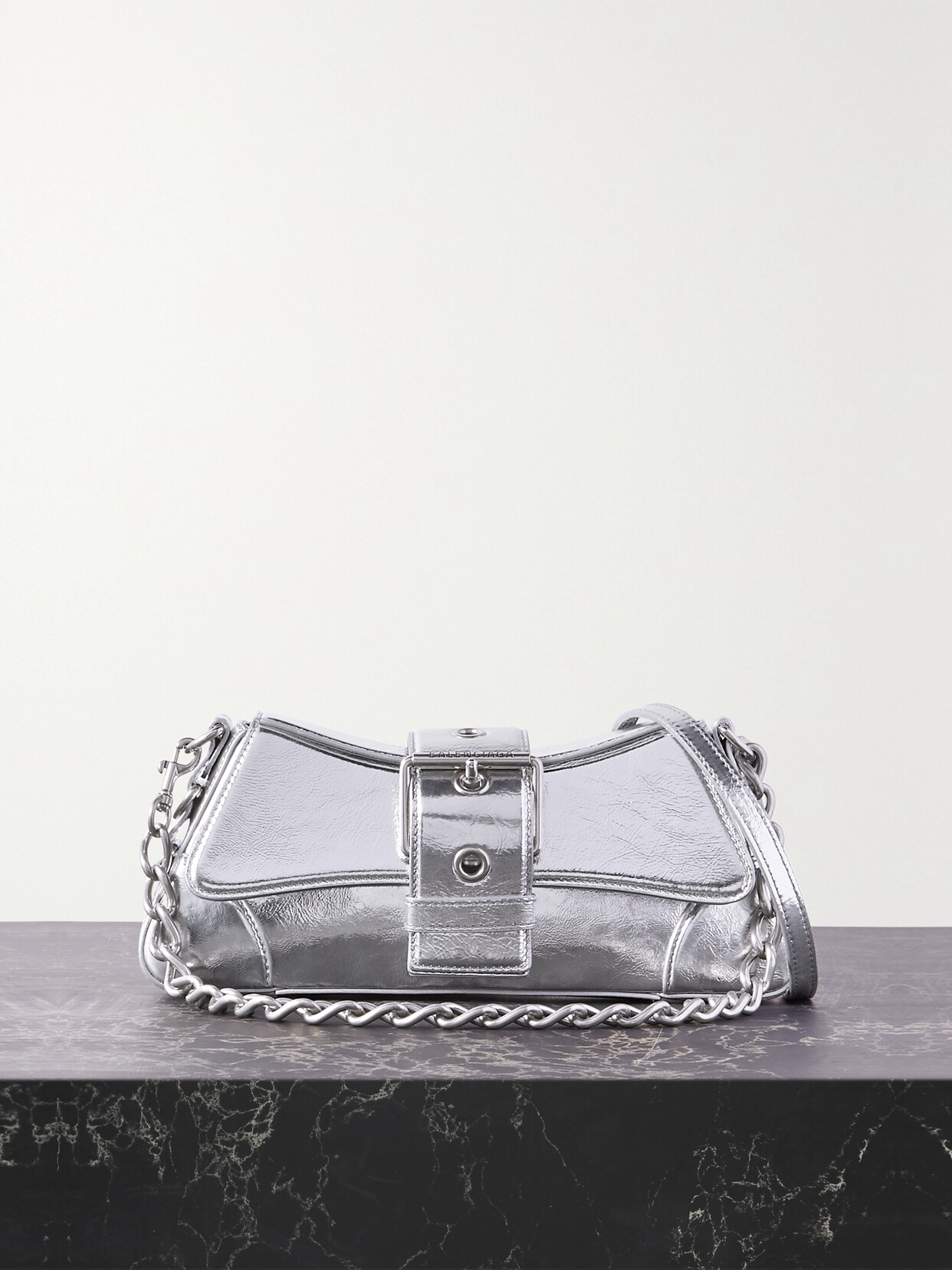 Balenciaga Lindsay Small Buckled Metallic Crinkled-leather Shoulder Bag In Silver