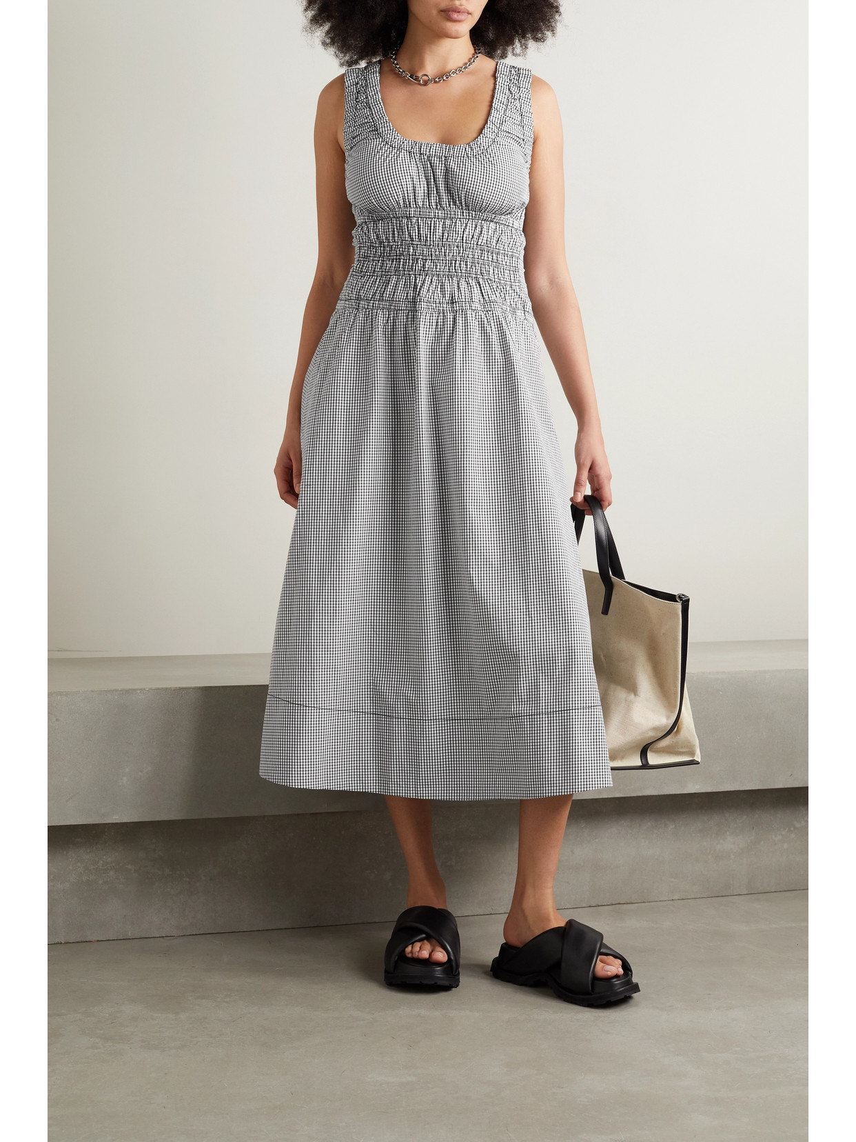 Gathered Checked Cotton-poplin Maxi Dress In White/ Black