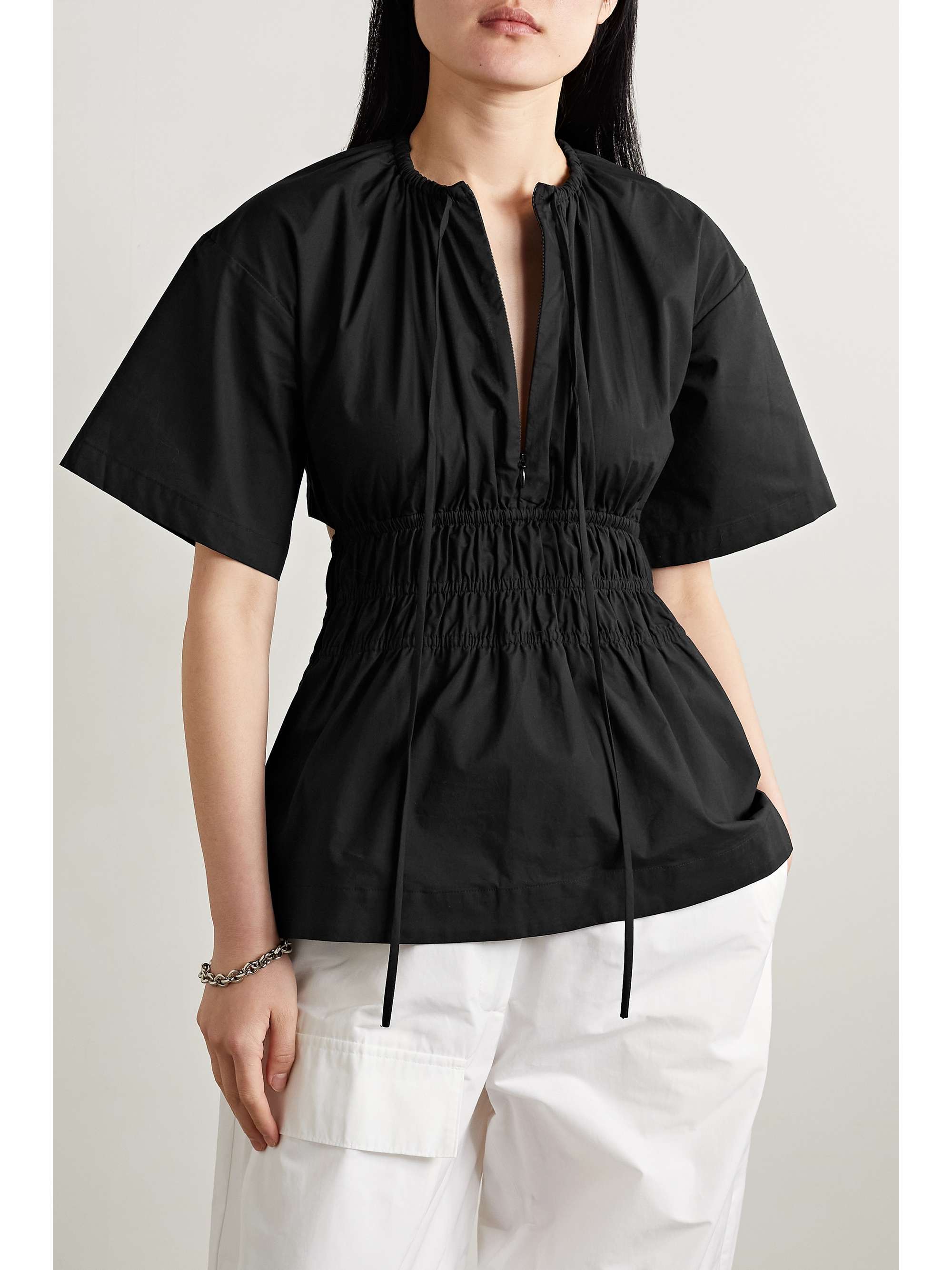 PROENZA SCHOULER WHITE LABEL Cutout shirred cotton-poplin peplum blouse