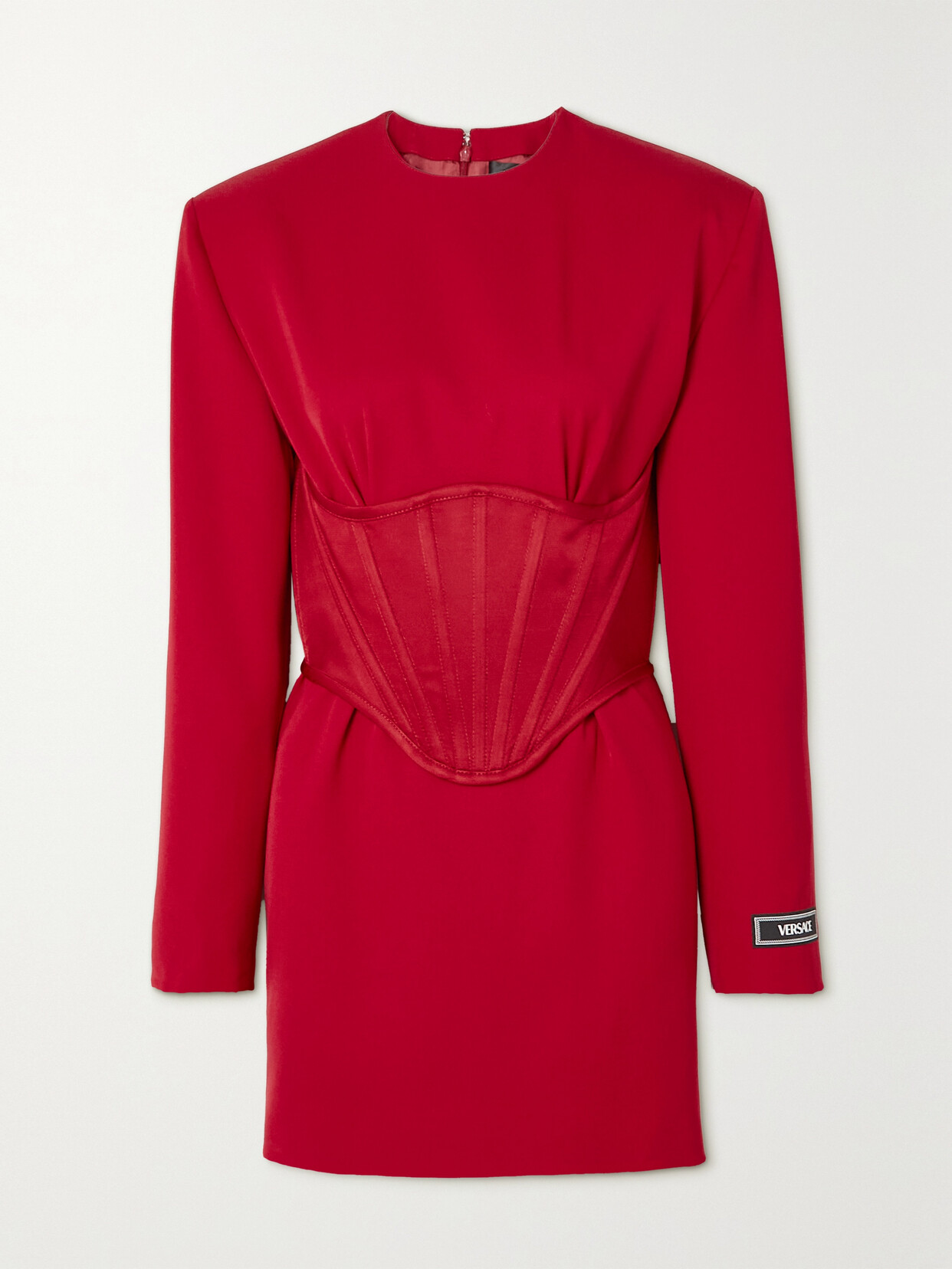 Versace Corset Detail Long Sleeve Virgin Wool Gabardine Minidress In Red