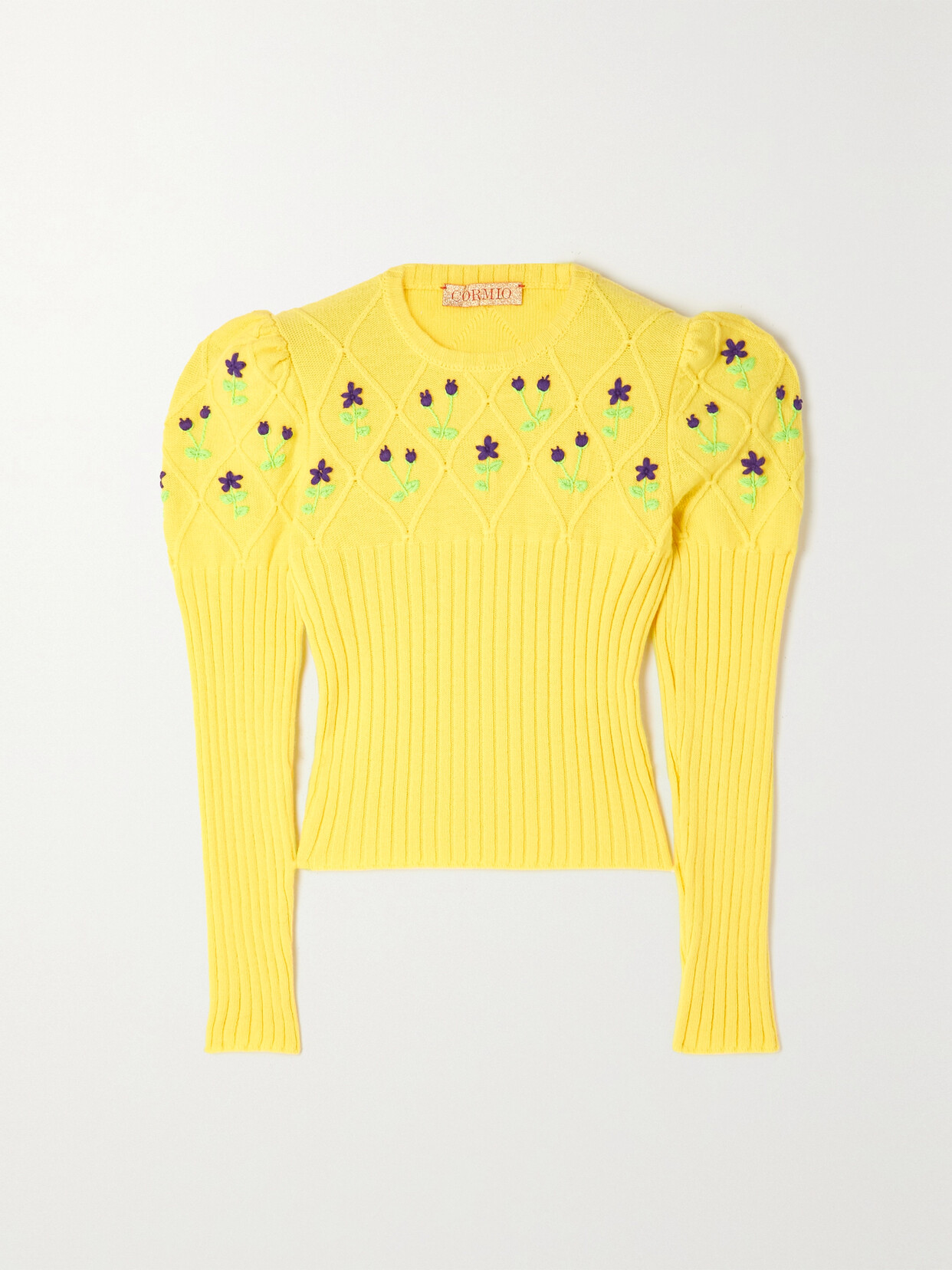 CORMIO Oma Embroidered Ribbed Wool Sweater - Yellow