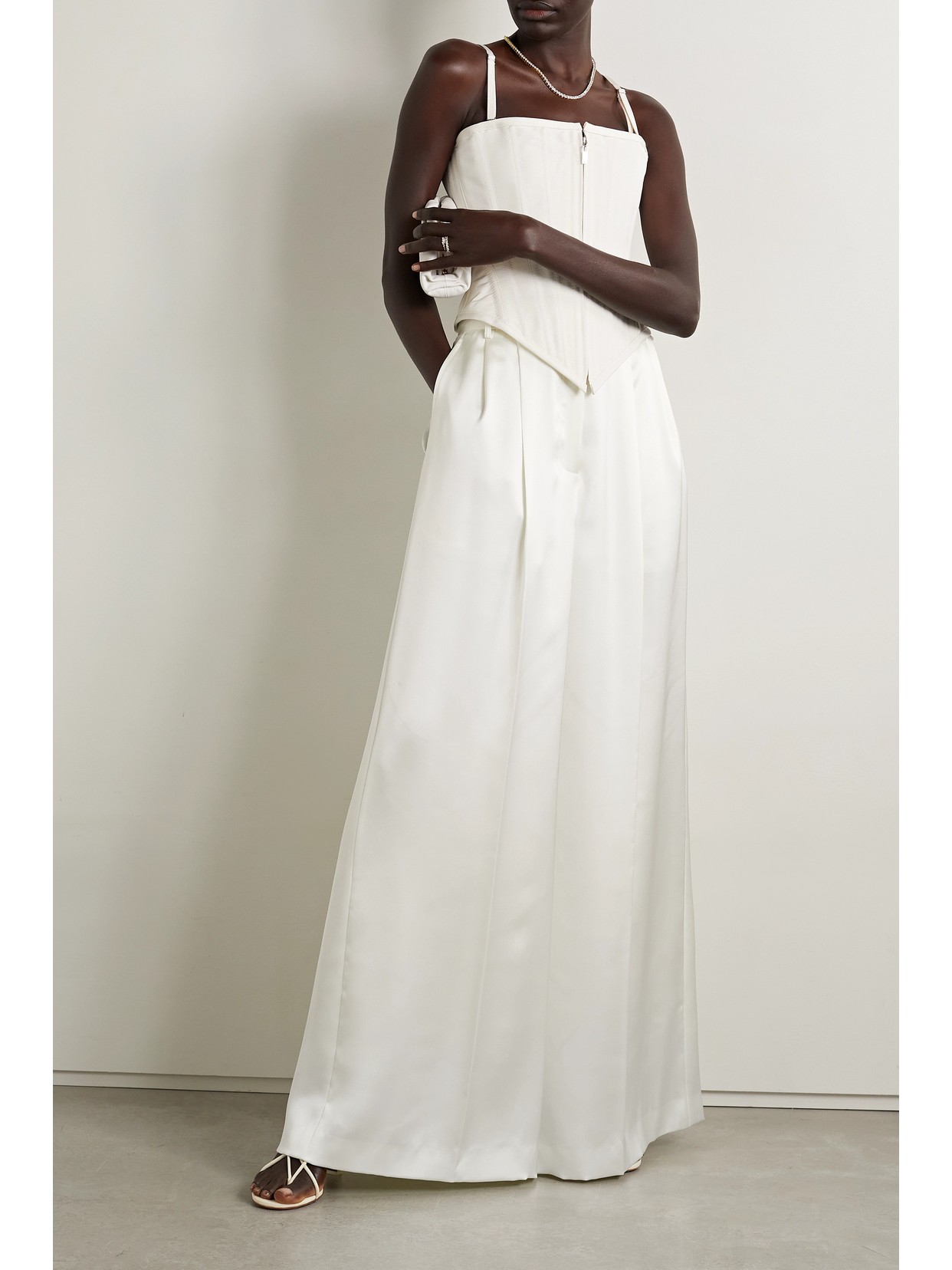 Shop Christopher John Rogers Pleated Satin Wide-leg Pants In Ivory