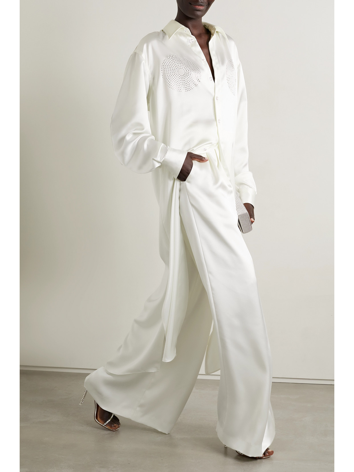 Christopher John Rogers Pleated Satin Wide-leg Pants In Ivory