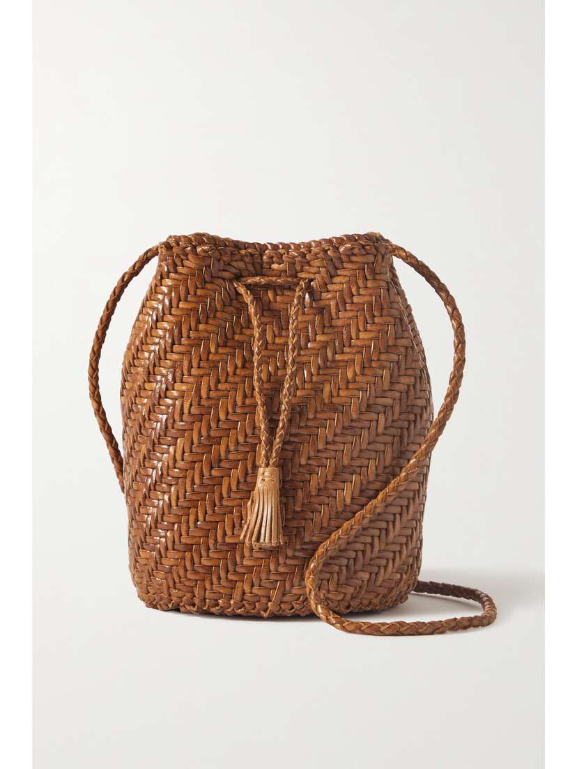 Dragon Diffusion Pompom Double Jump Woven Leather Bucket Bag