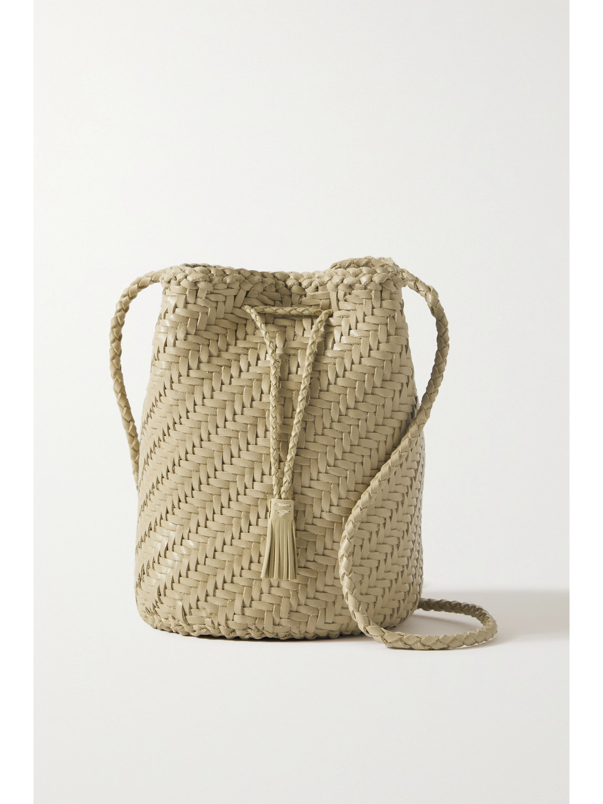 Dragon Diffusion Pompom Double Jump Woven Leather Bucket Bag In Cream