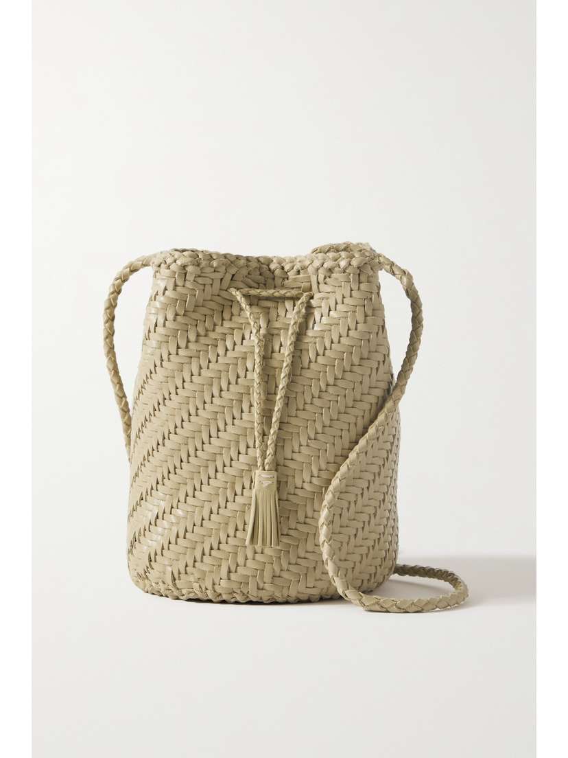 Dragon Diffusion Pompom Double Jump Woven Leather Bucket Bag