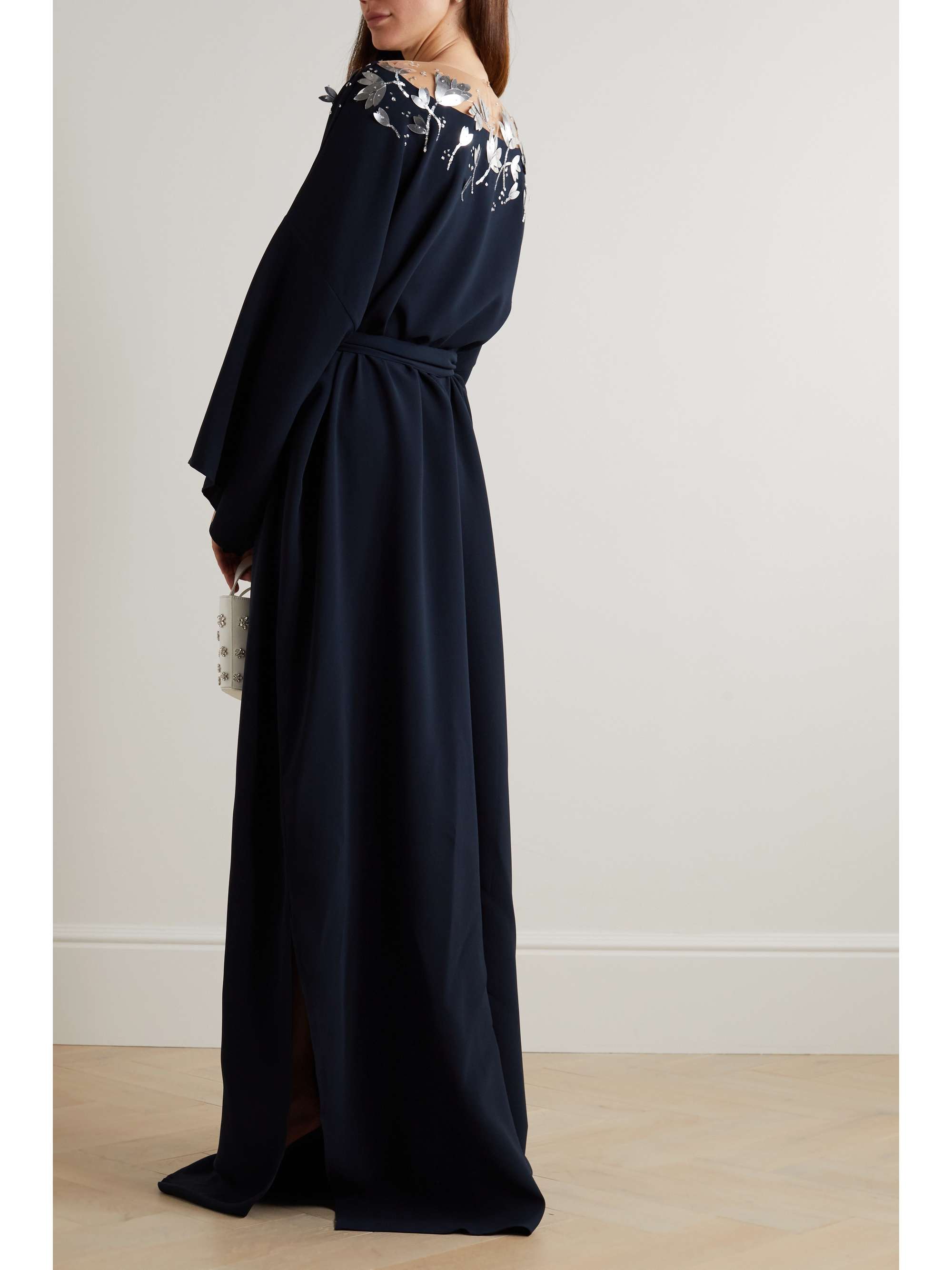 OSCAR DE LA RENTA Belted embellished tulle-trimmed stretch-silk crepe maxi dress