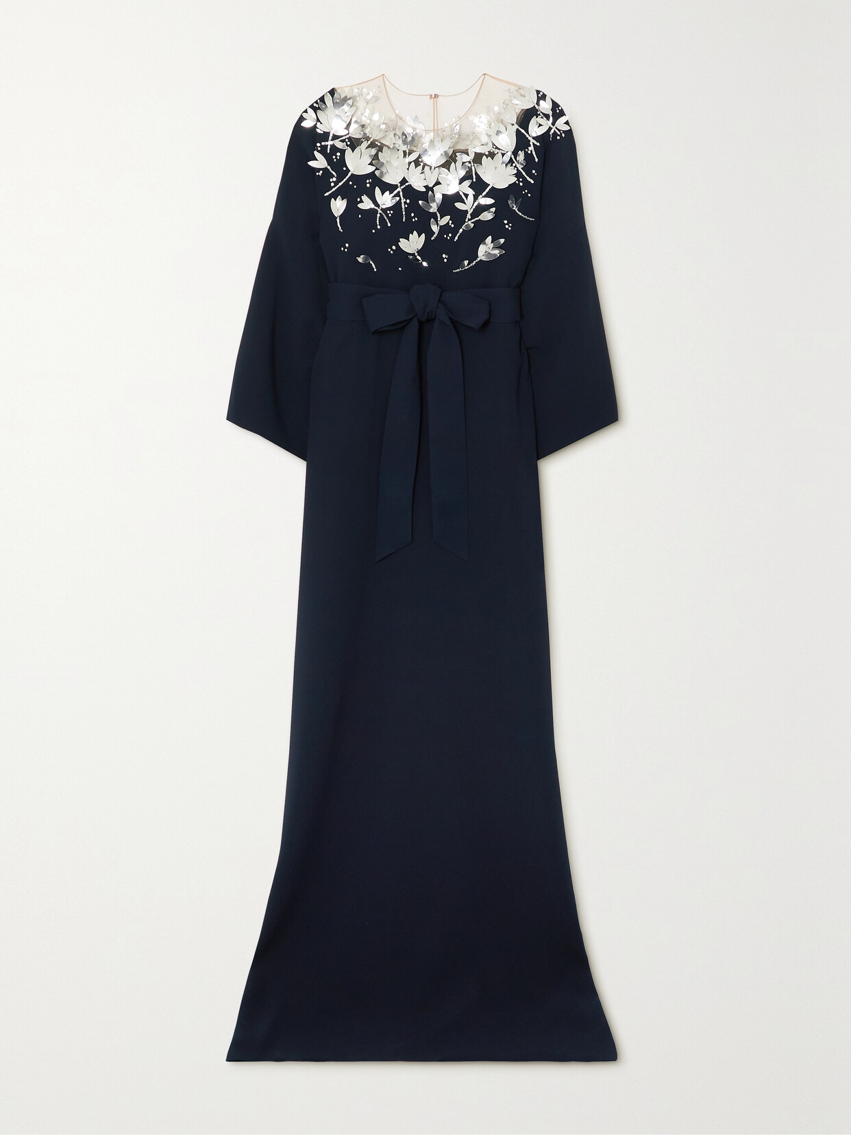 Oscar de la Renta Belted Embellished Tulle-trimmed Stretch-silk Crepe Maxi Dress - Blue