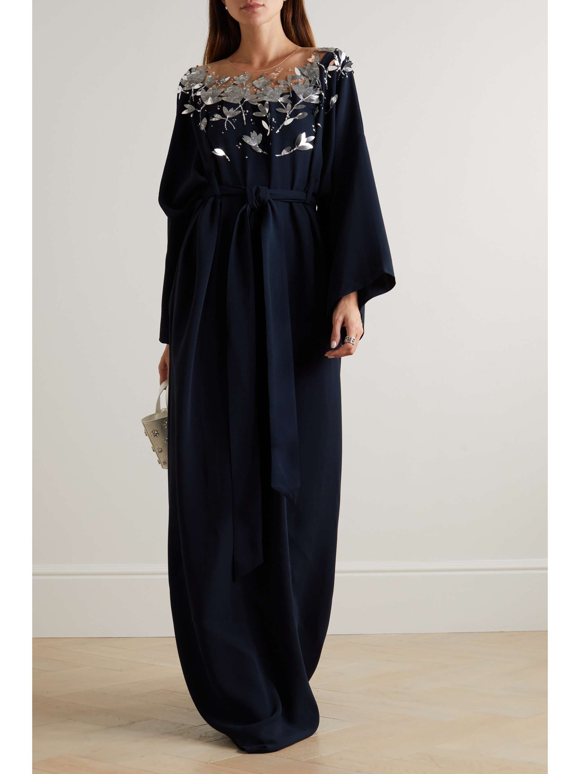 OSCAR DE LA RENTA Belted embellished tulle-trimmed stretch-silk crepe maxi dress