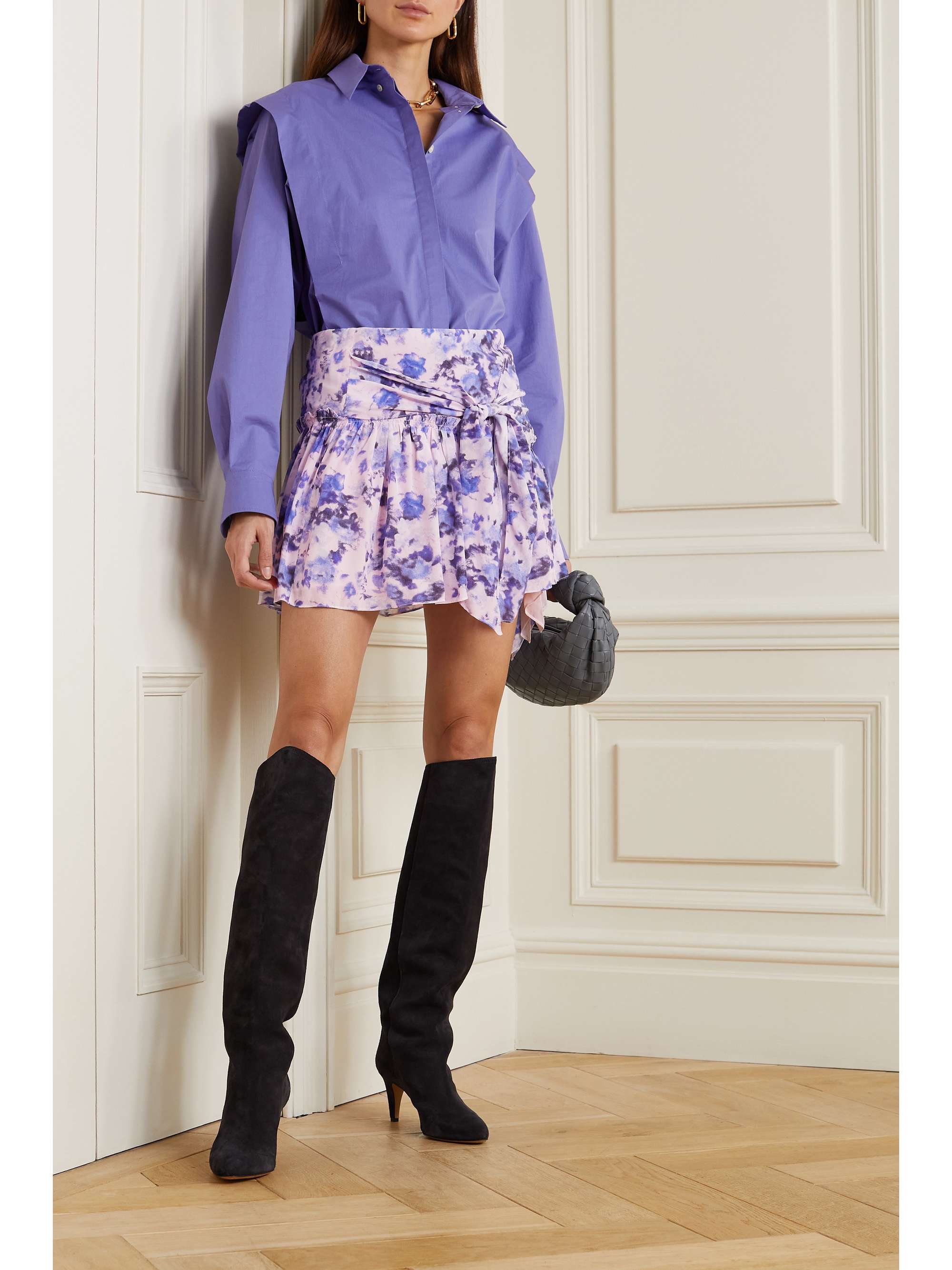 ISABEL MARANT Filao bow-detailed gathered printed silk crepe de chine mini skirt