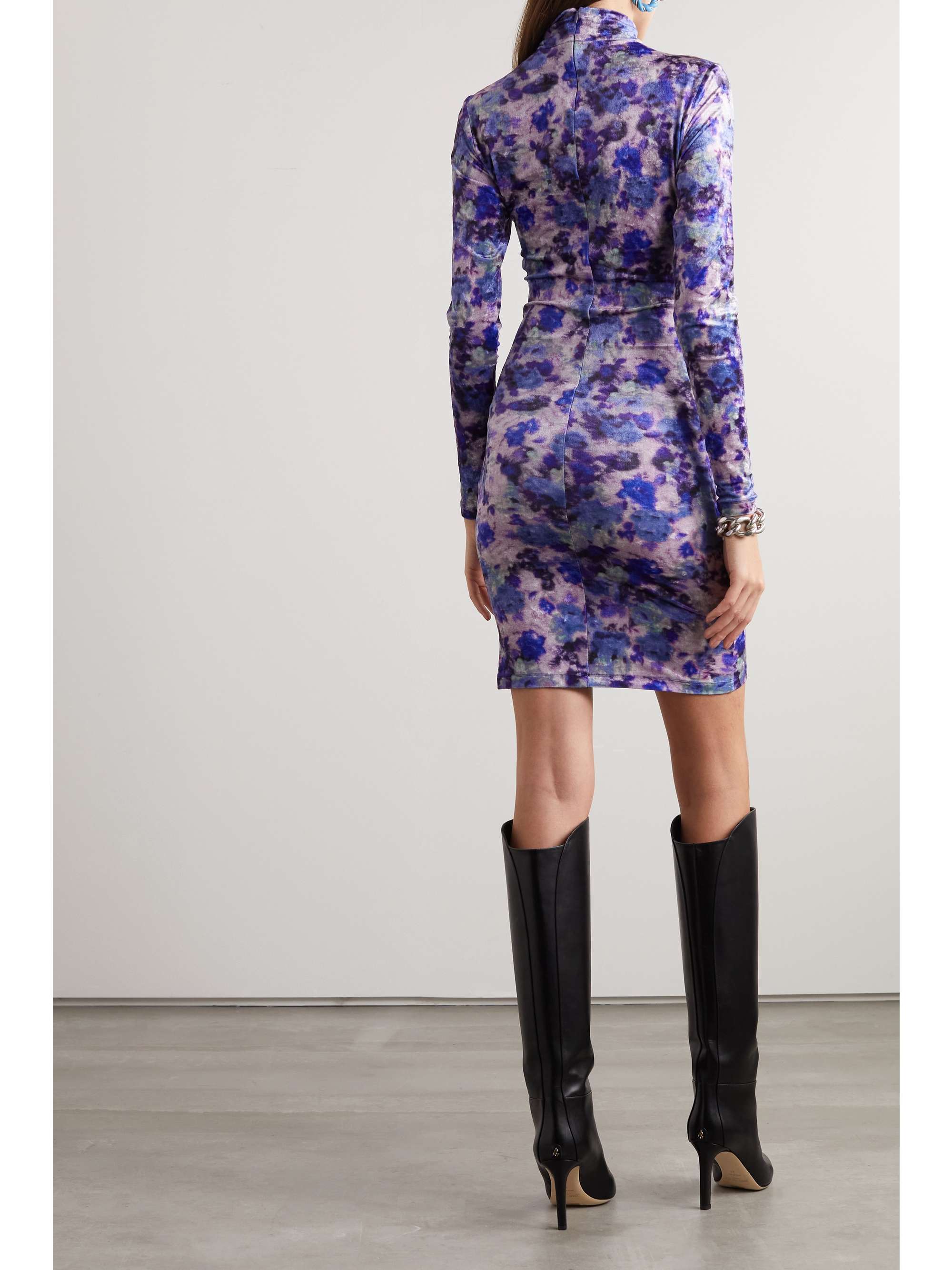 ISABEL MARANT Cutout ruched floral print stretch-velvet mini dress