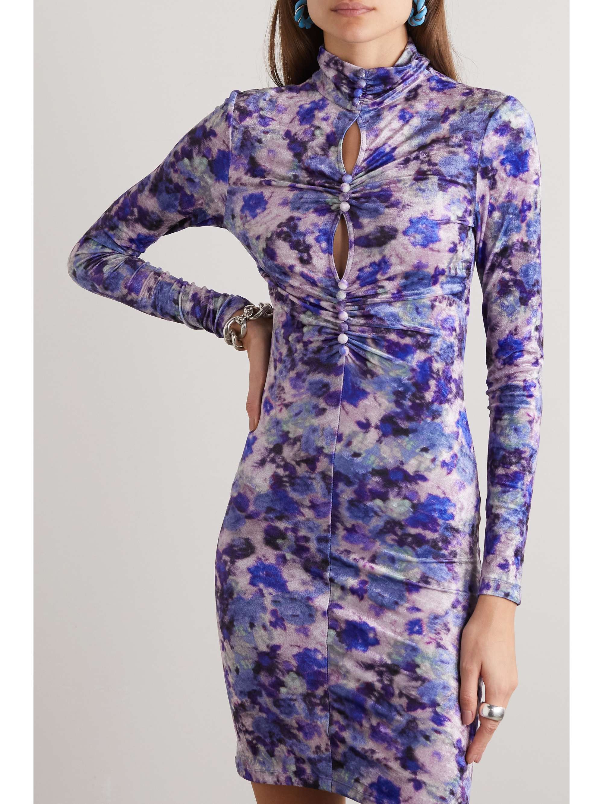 ISABEL MARANT Cutout ruched floral print stretch-velvet mini dress
