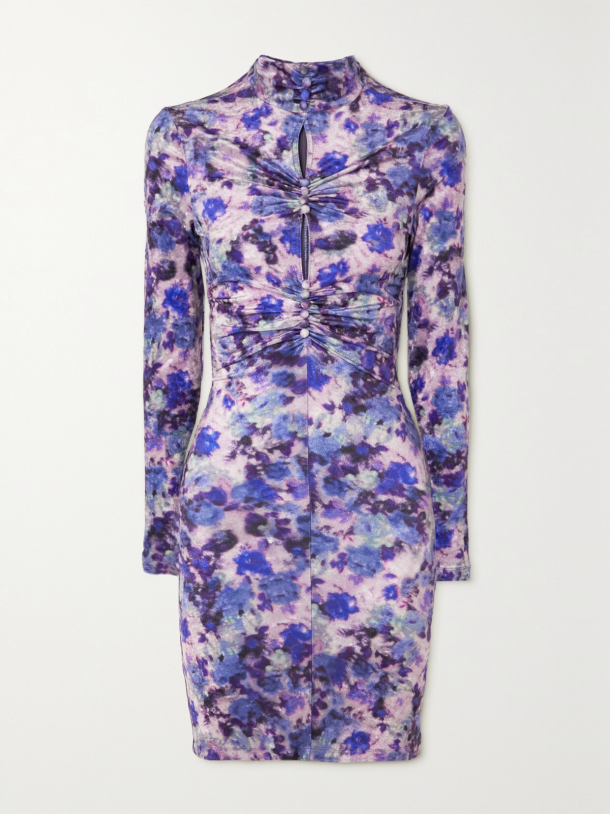 Isabel Marant Cutout Ruched Floral Print Stretch-velvet Mini Dress In Purple