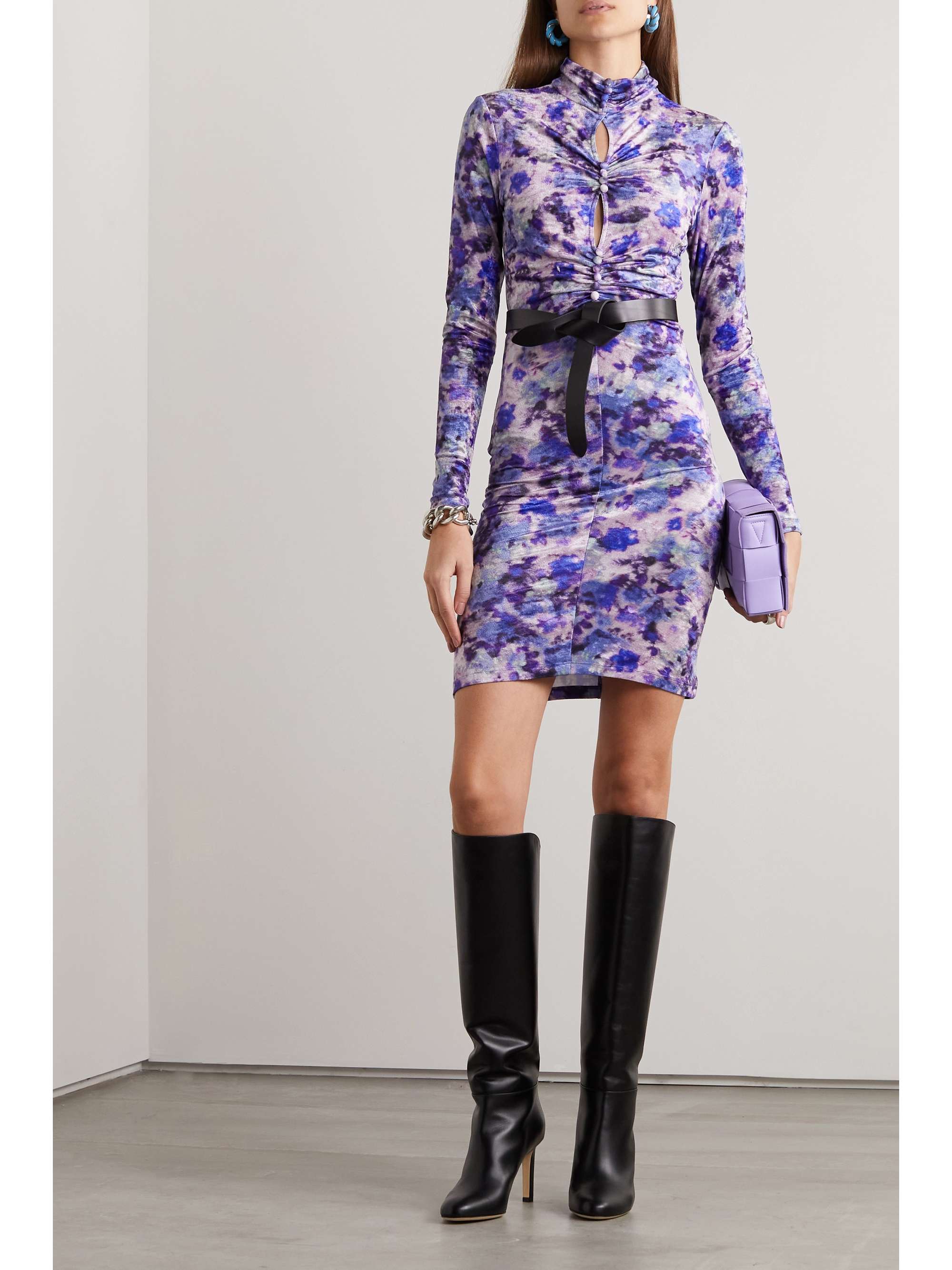 ISABEL MARANT Cutout ruched floral print stretch-velvet mini dress