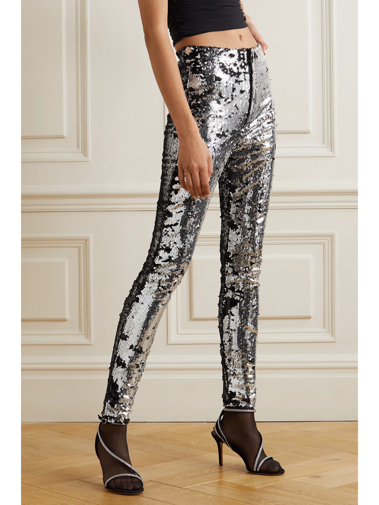 Isabel Marant Madilio Sequin Cotton Skinny Crop Pants In Silver
