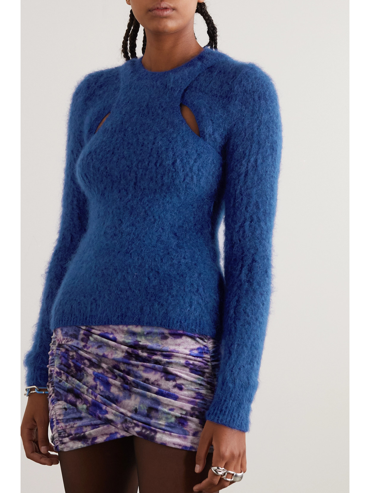 Isabel Marant Alford Cutout Layered Fuzzy Knit Sweater In Blue