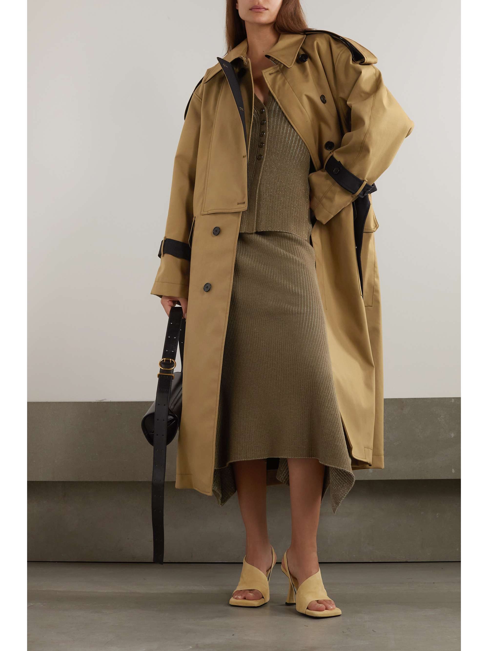 Double-breasted belted two-tone shell trench coat