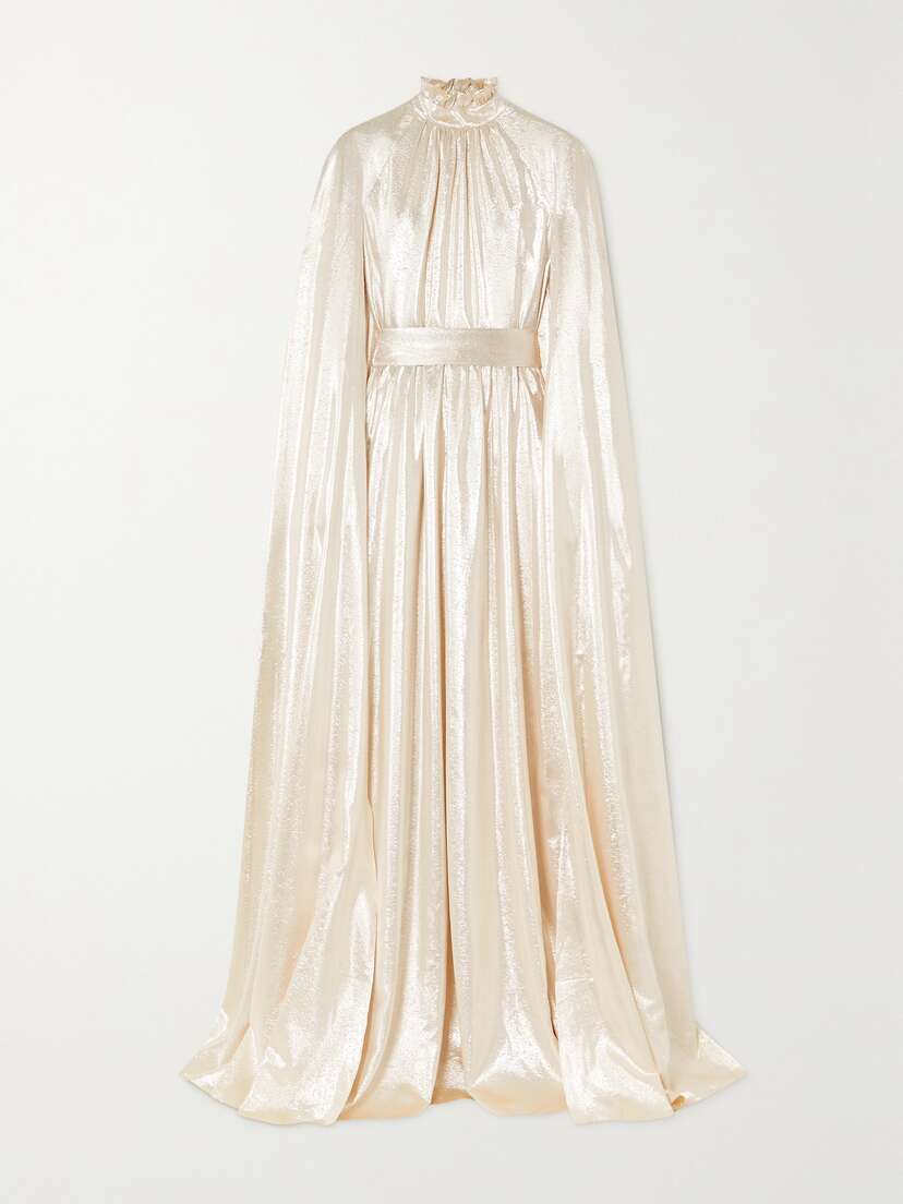 Erdem Macie Cape-effect Belted Silk And Lurex-blend Lamé Gown
