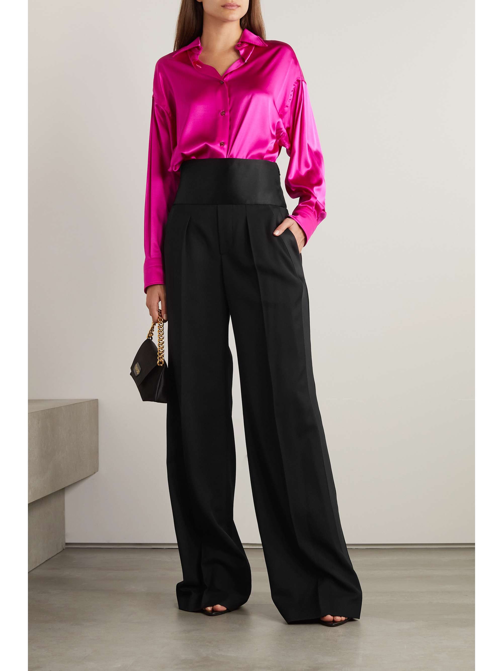 Silk satin-trimmed grain de poudre wool wide-leg pants