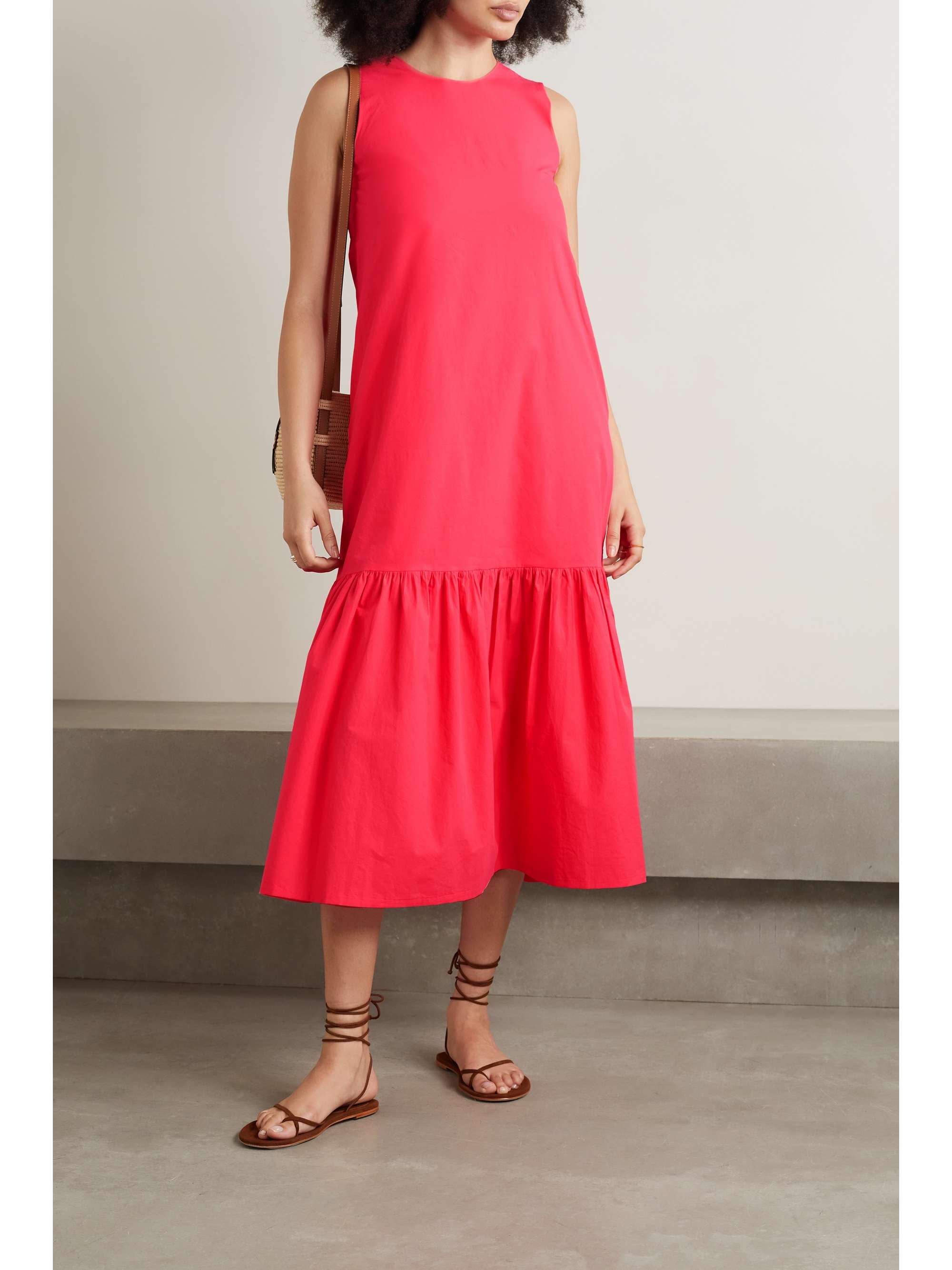 Fuchsia Gathered tiered cotton-poplin 