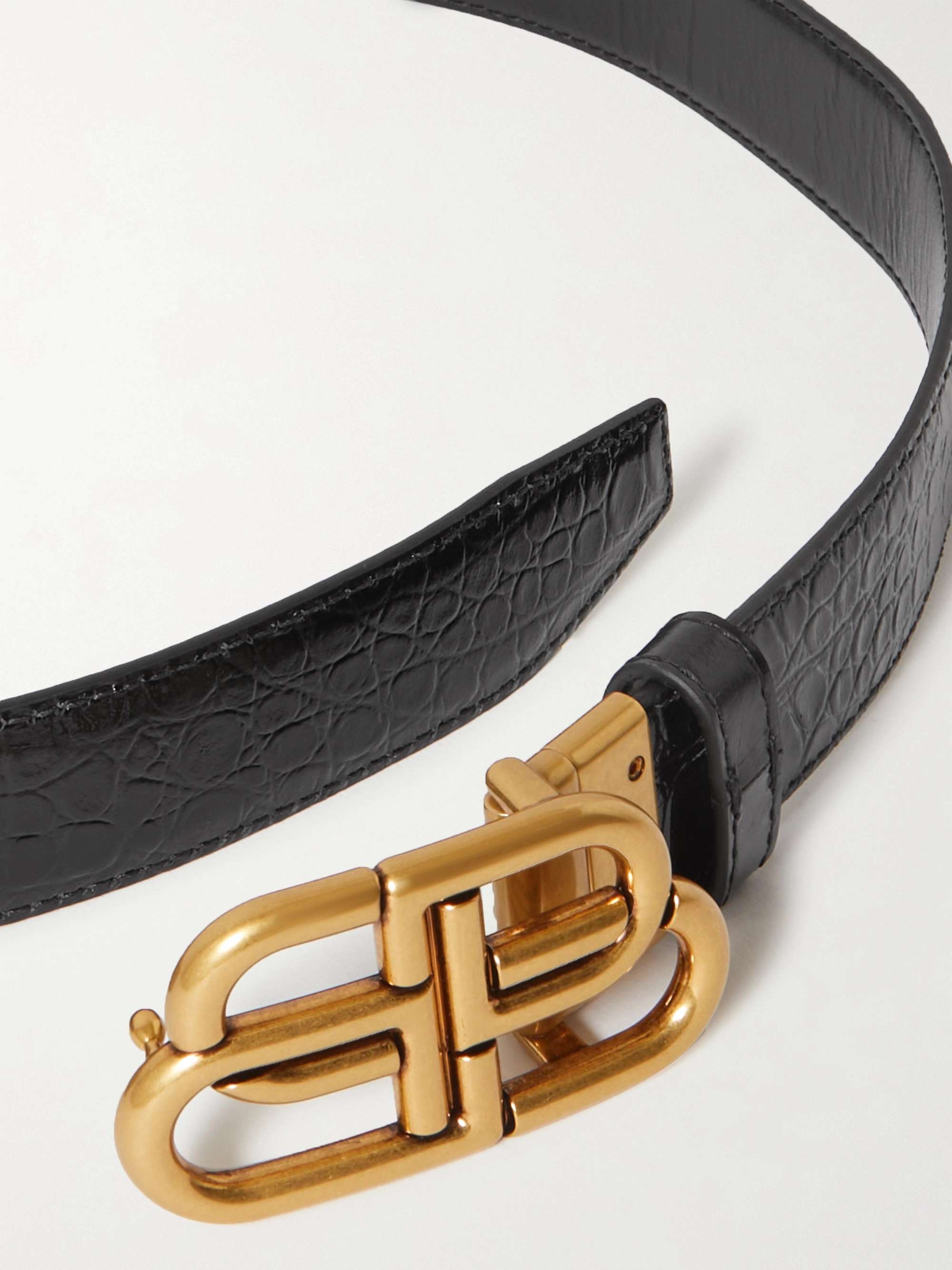 BALENCIAGA BB reversible croc-effect and smooth leather waist belt