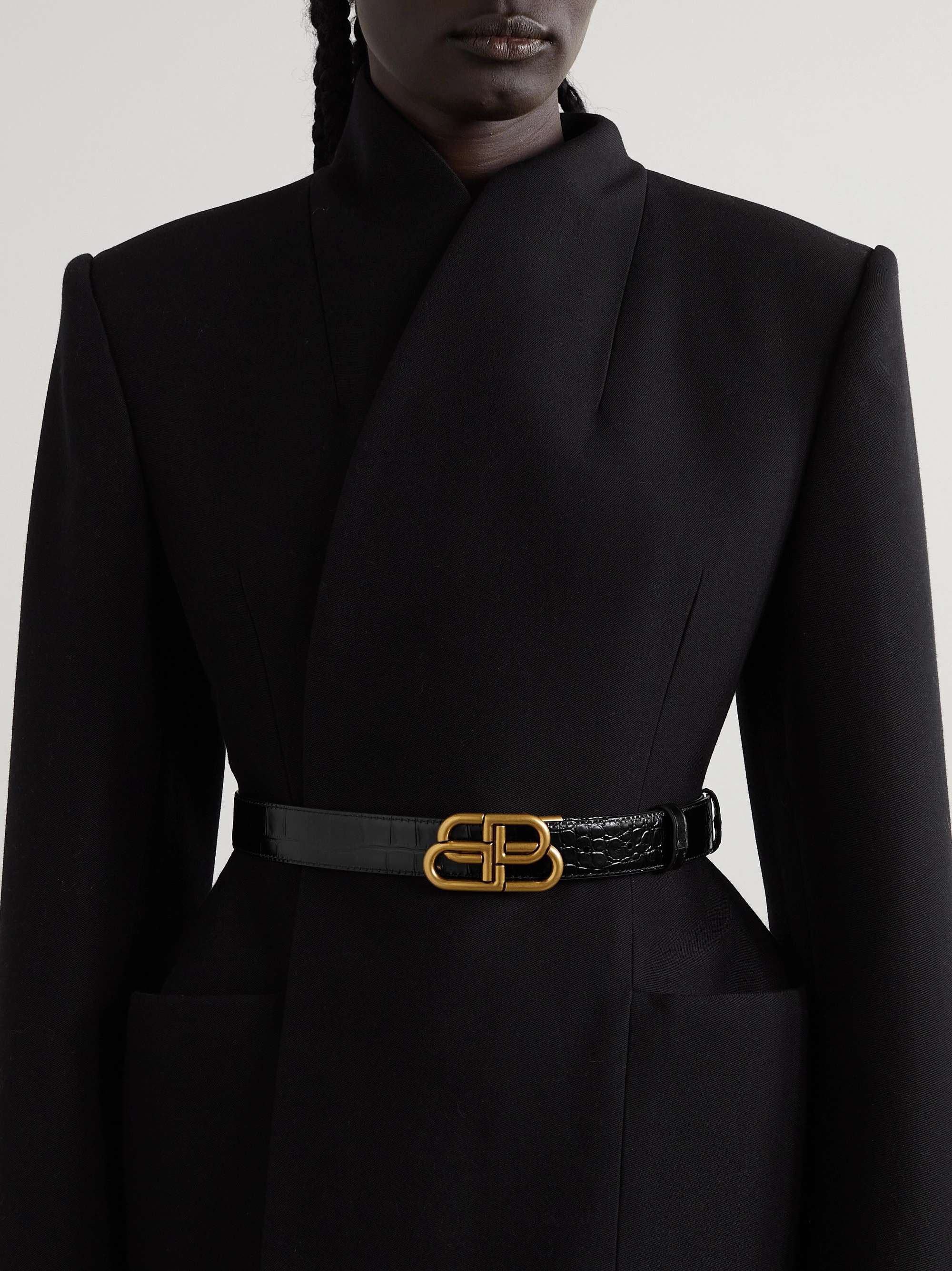BALENCIAGA BB reversible croc-effect and smooth leather waist belt