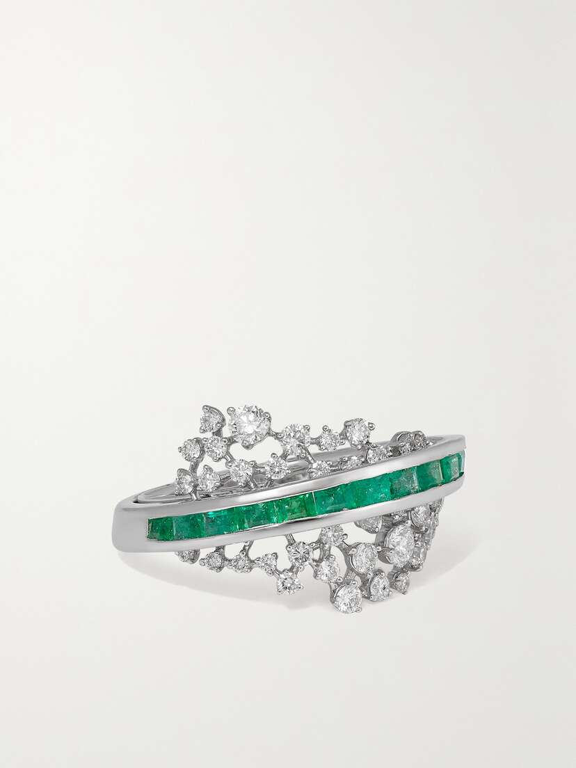 Ananya Scatter Energy 18-karat White Gold, Diamond And Emerald Ring - 5 1/2