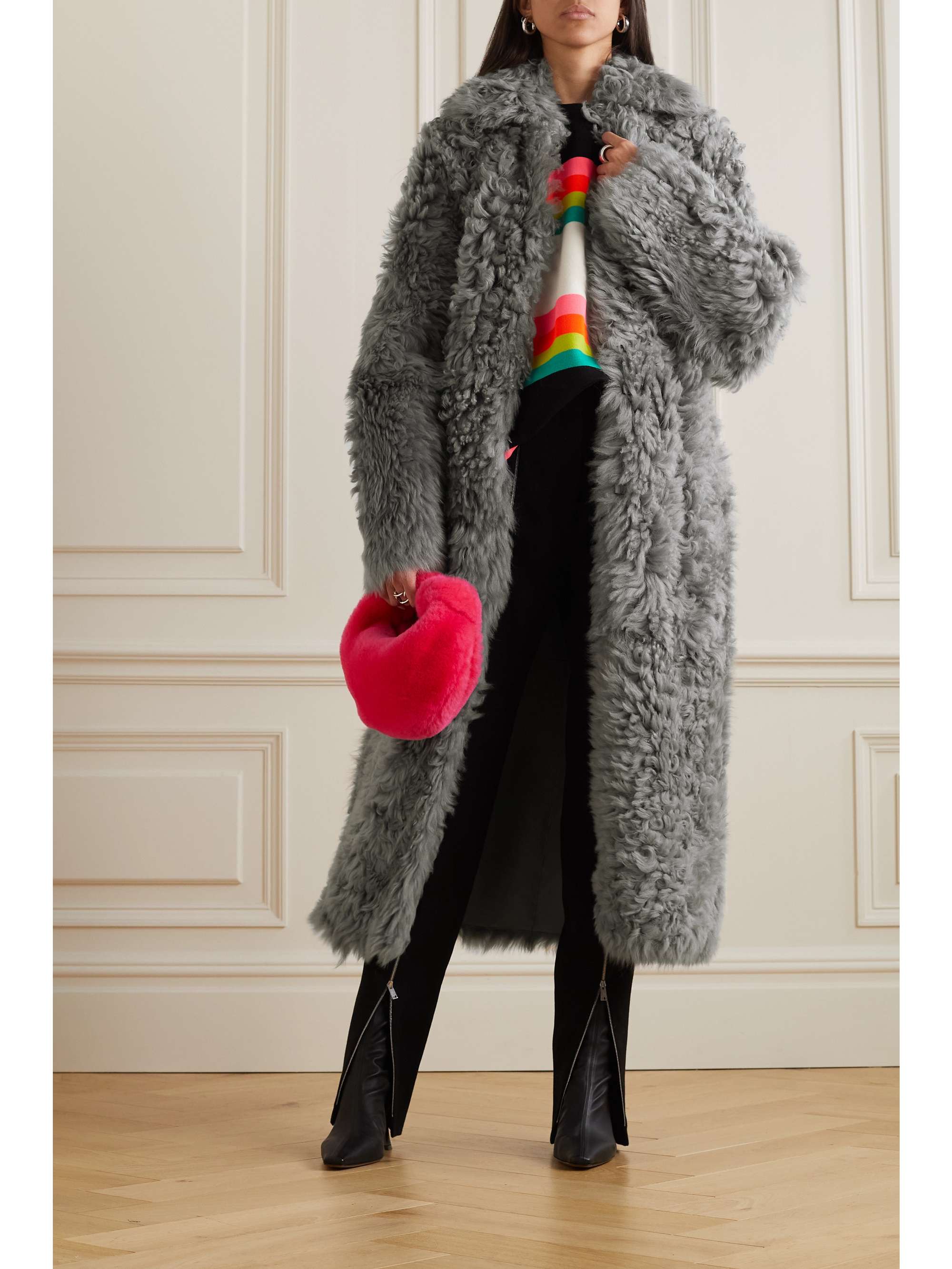 Gray Belted shearling coat | REMAIN 