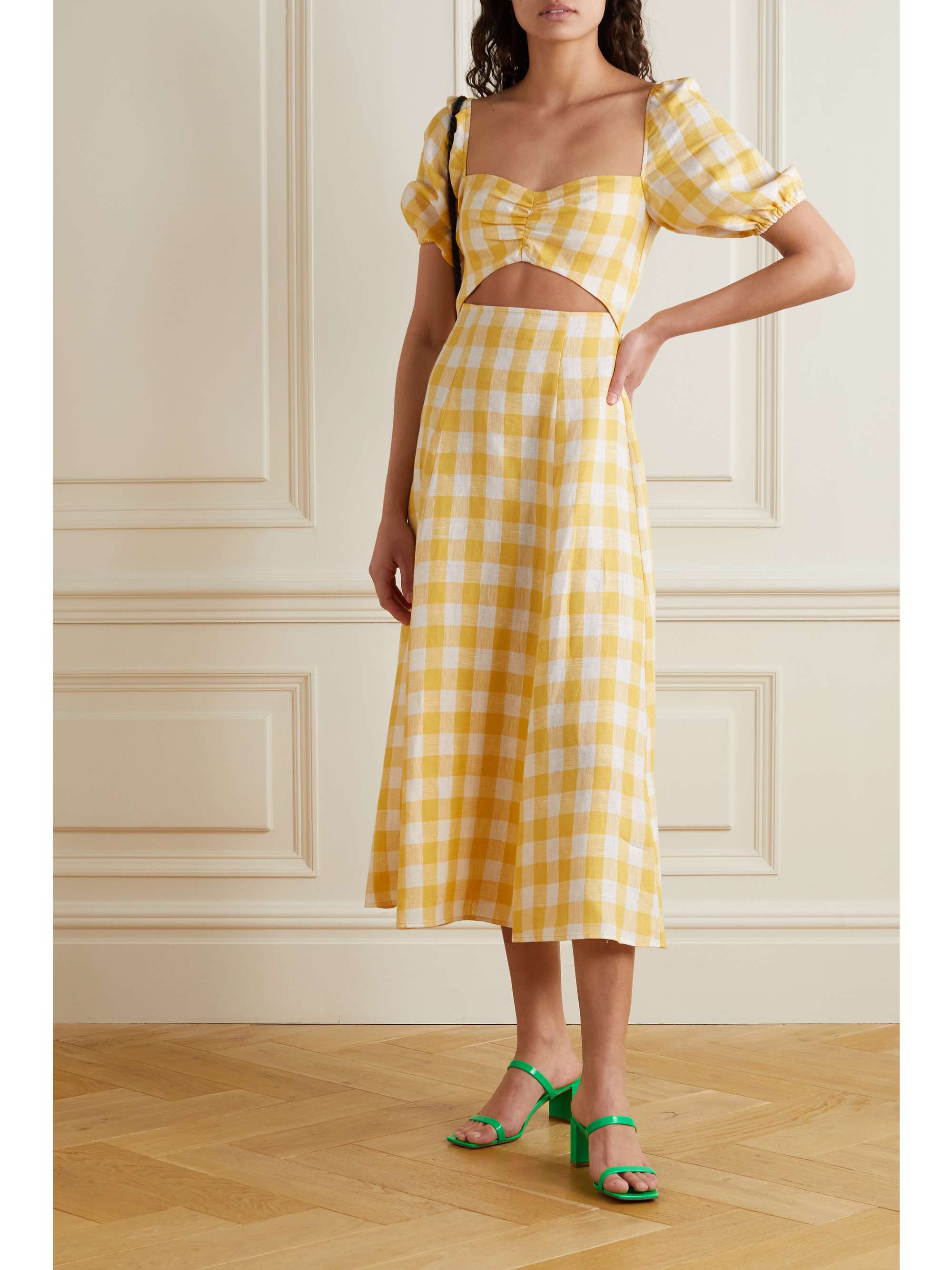 REFORMATION Pompano cutout gingham linen midi dress