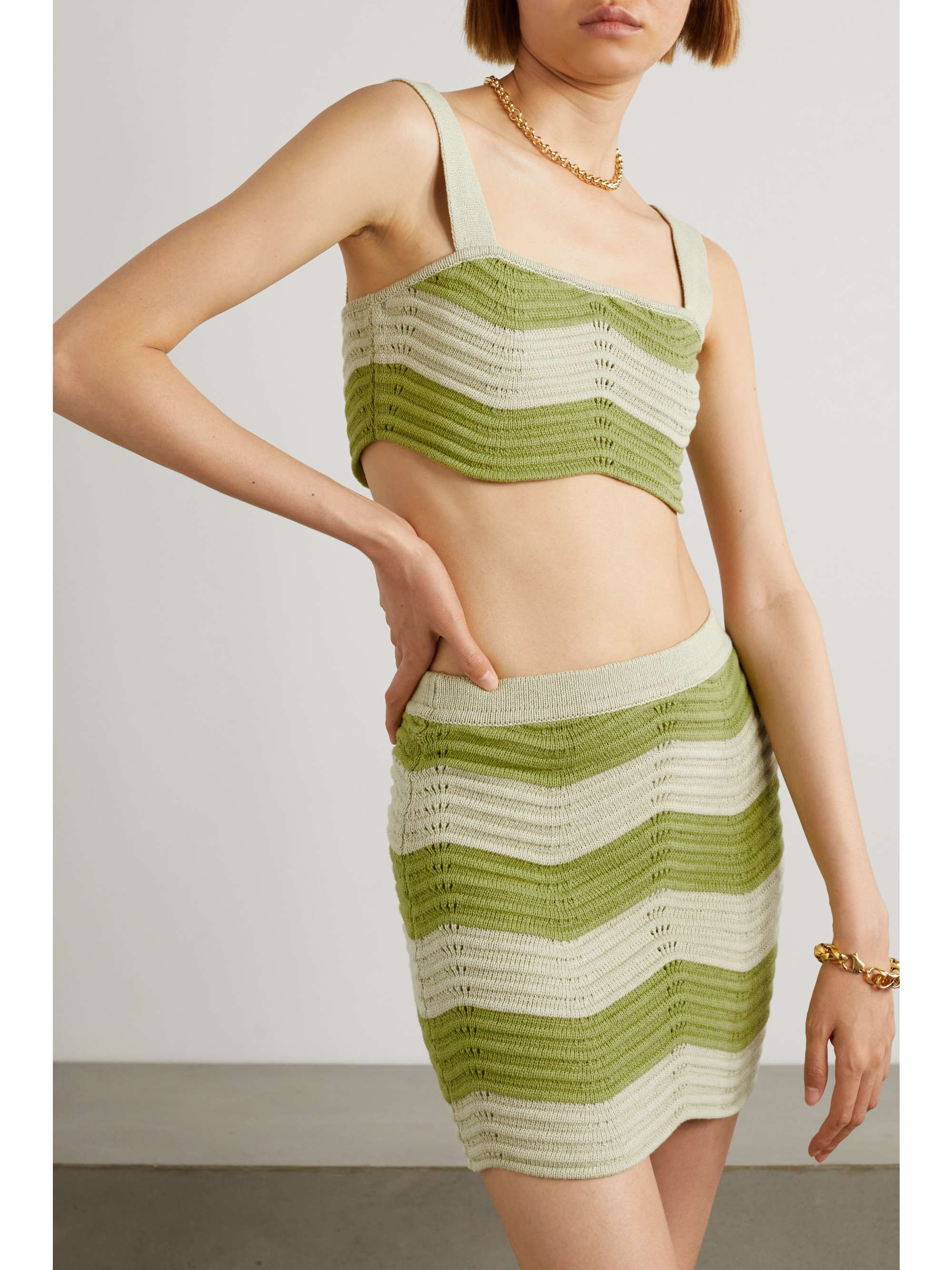 REFORMATION Yara striped organic cotton cropped top and mini skirt set