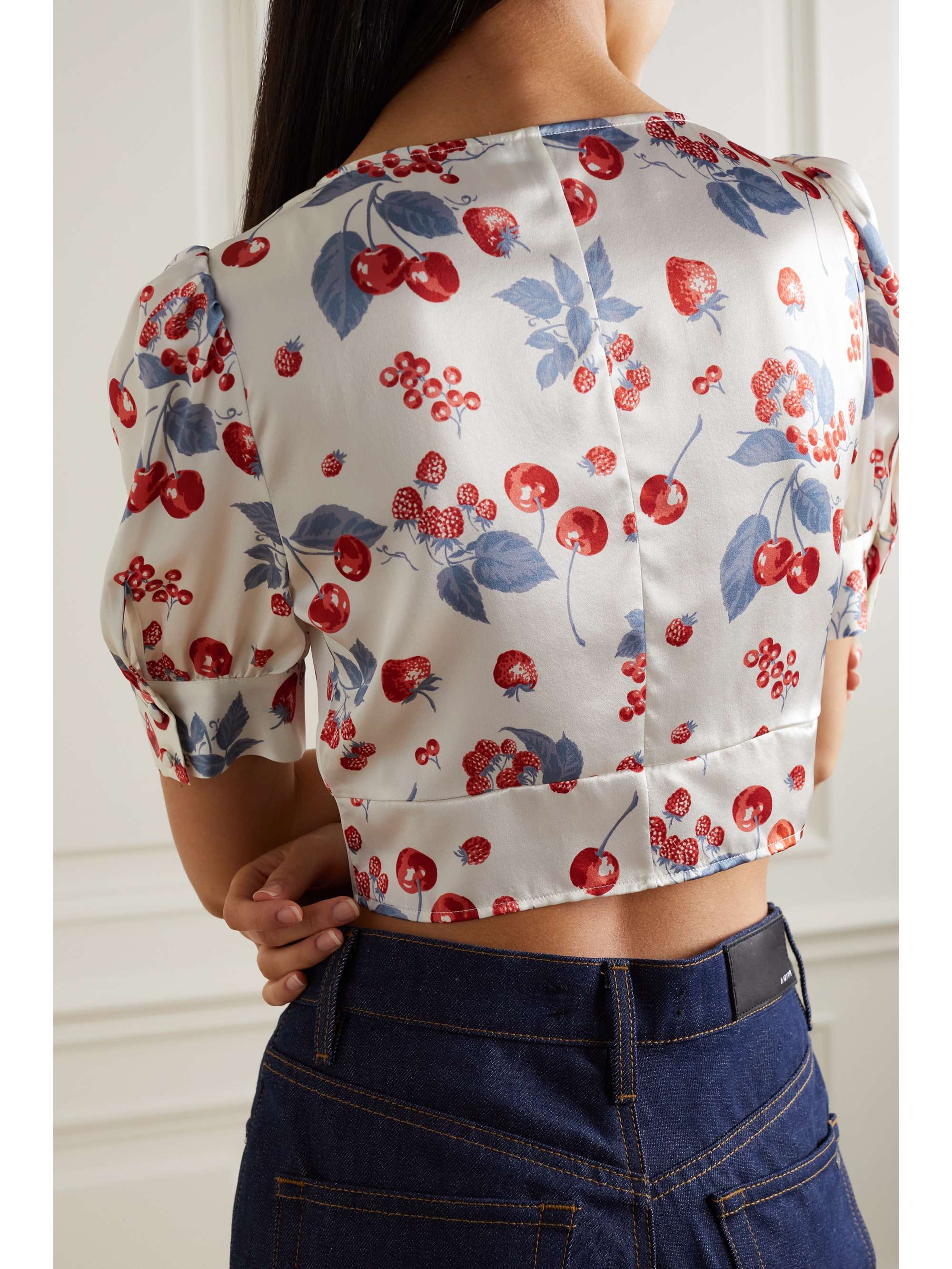 REFORMATION Mendez cropped printed silk-satin blouse