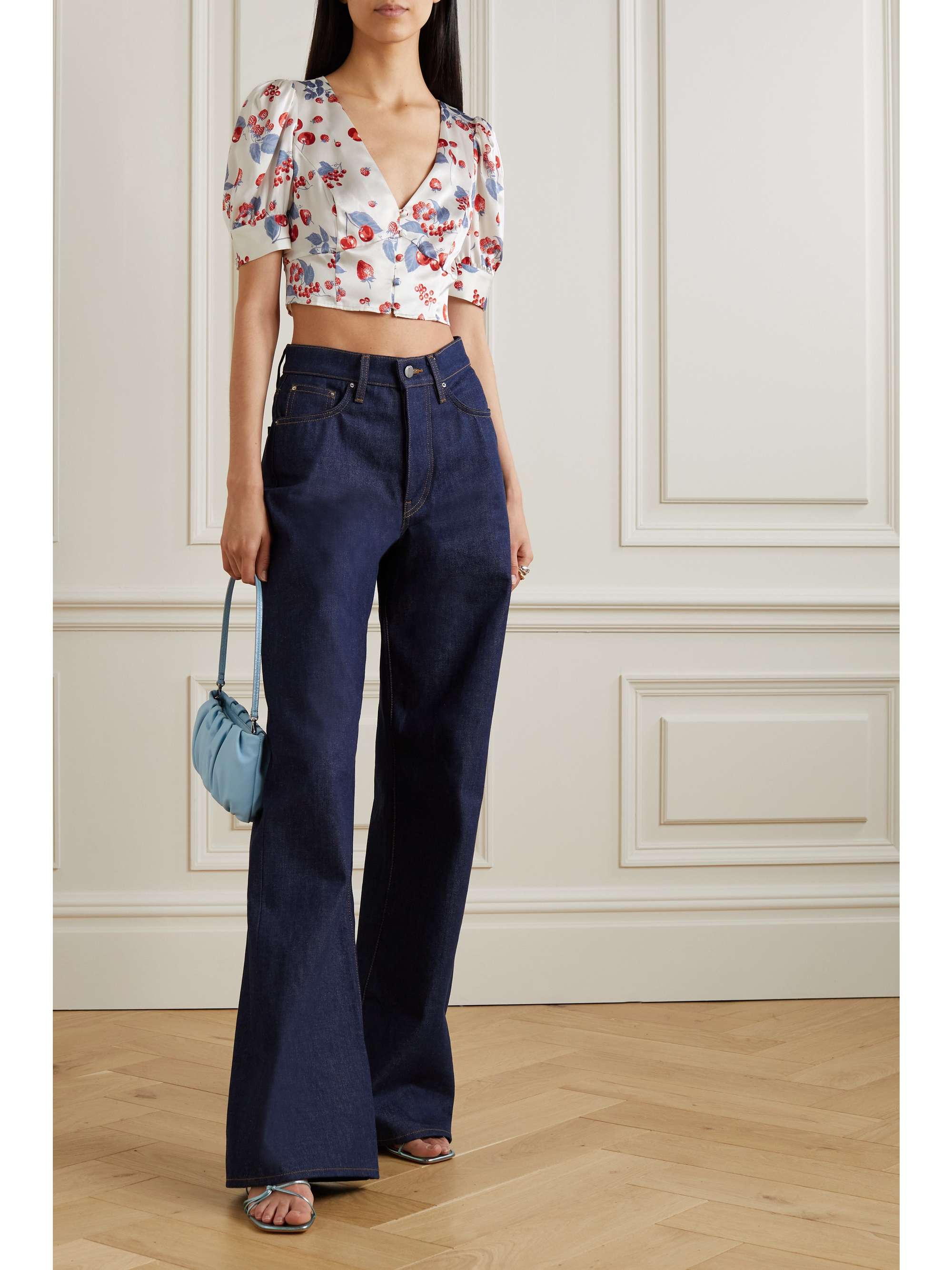 REFORMATION Mendez cropped printed silk-satin blouse