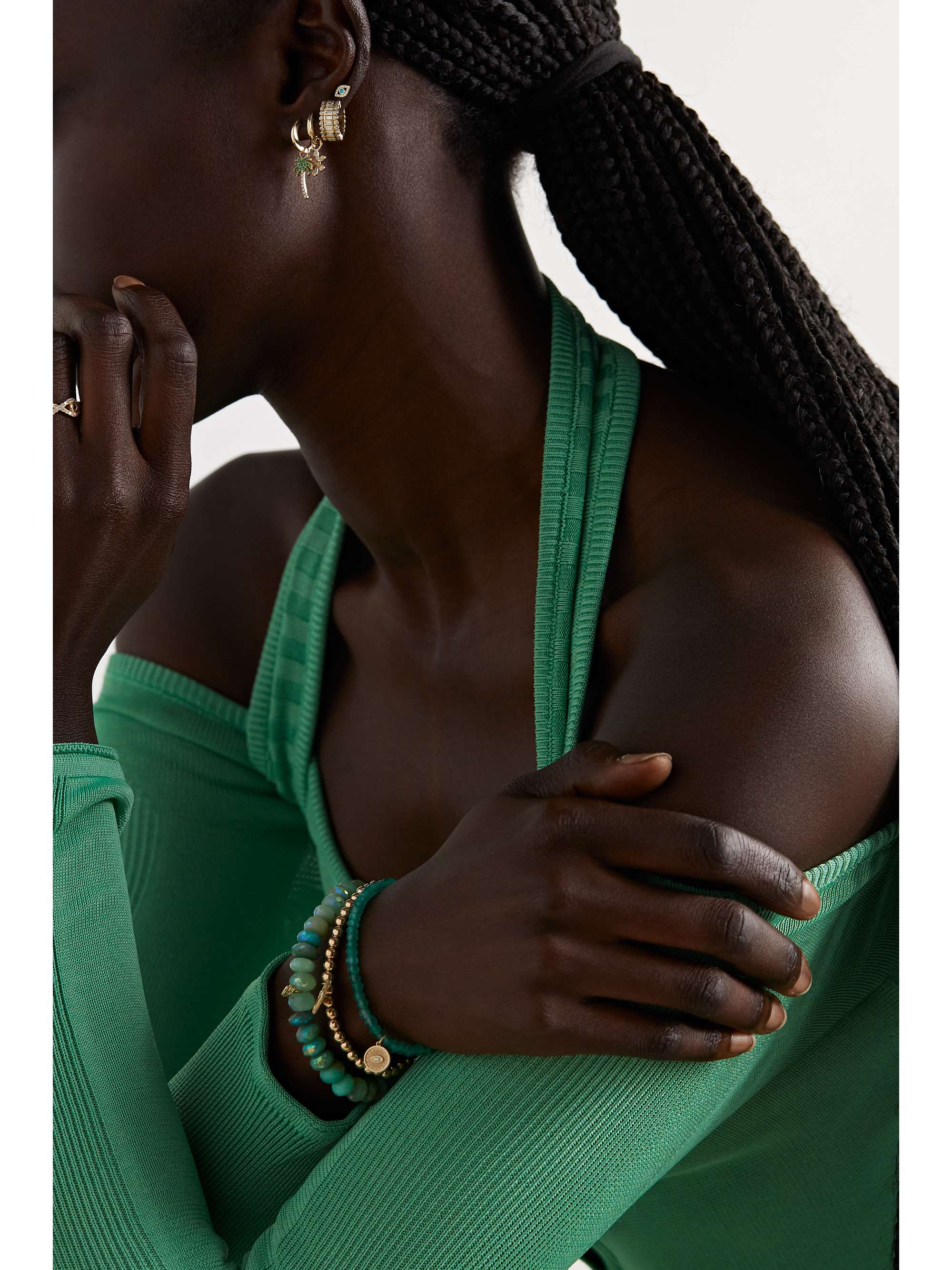 SYDNEY EVAN Palm Tree Huggies 14-karat gold, emerald and diamond earrings