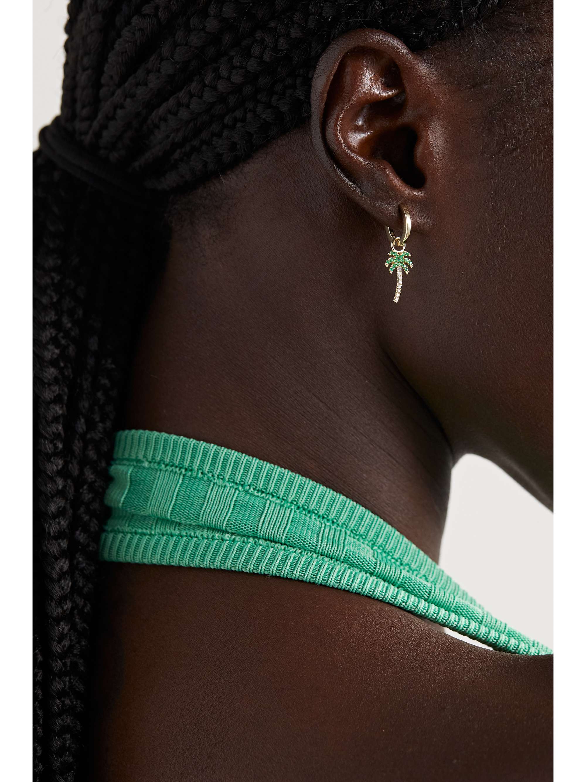 SYDNEY EVAN Palm Tree Huggies 14-karat gold, emerald and diamond earrings