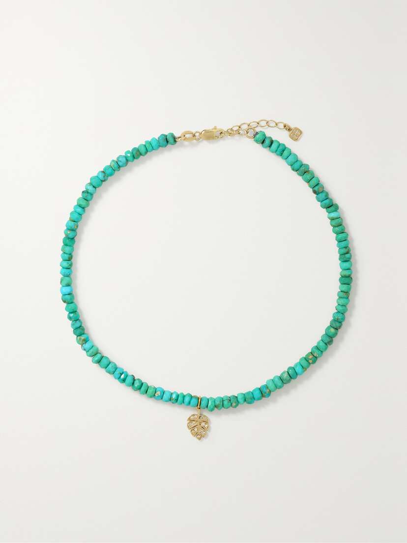 Sydney Evan Tiny Monstera Leaf 14-karat Gold, Turquoise And Diamond Bracelet