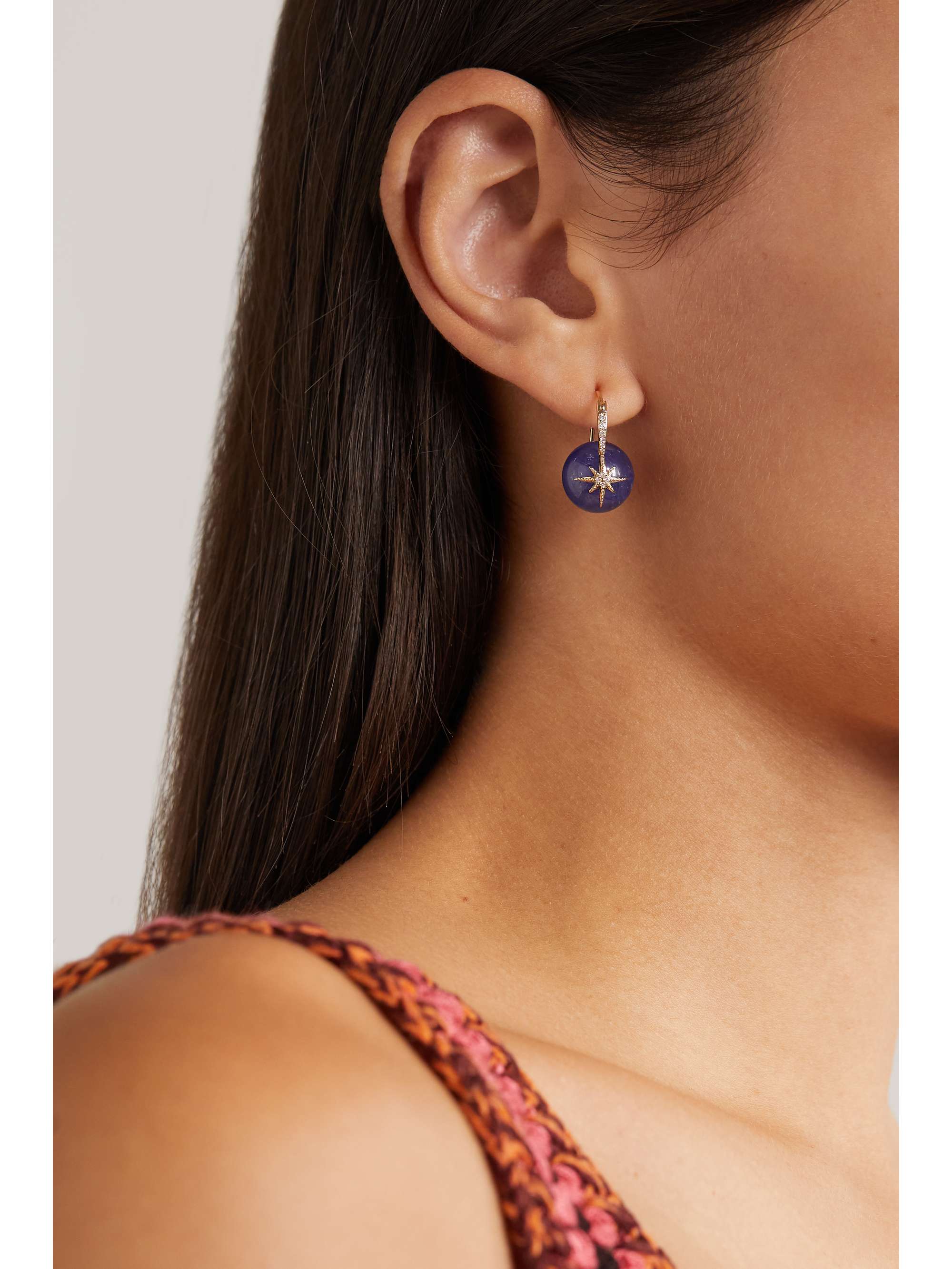Starburst 14 karat gold kyanite and diamond earrings