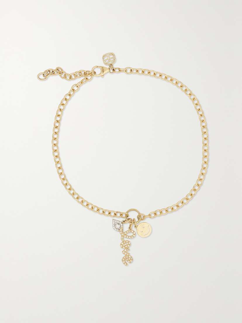 Sydney Evan Protection, Love & Happiness 14-karat Yellow And White Gold Diamond Anklet