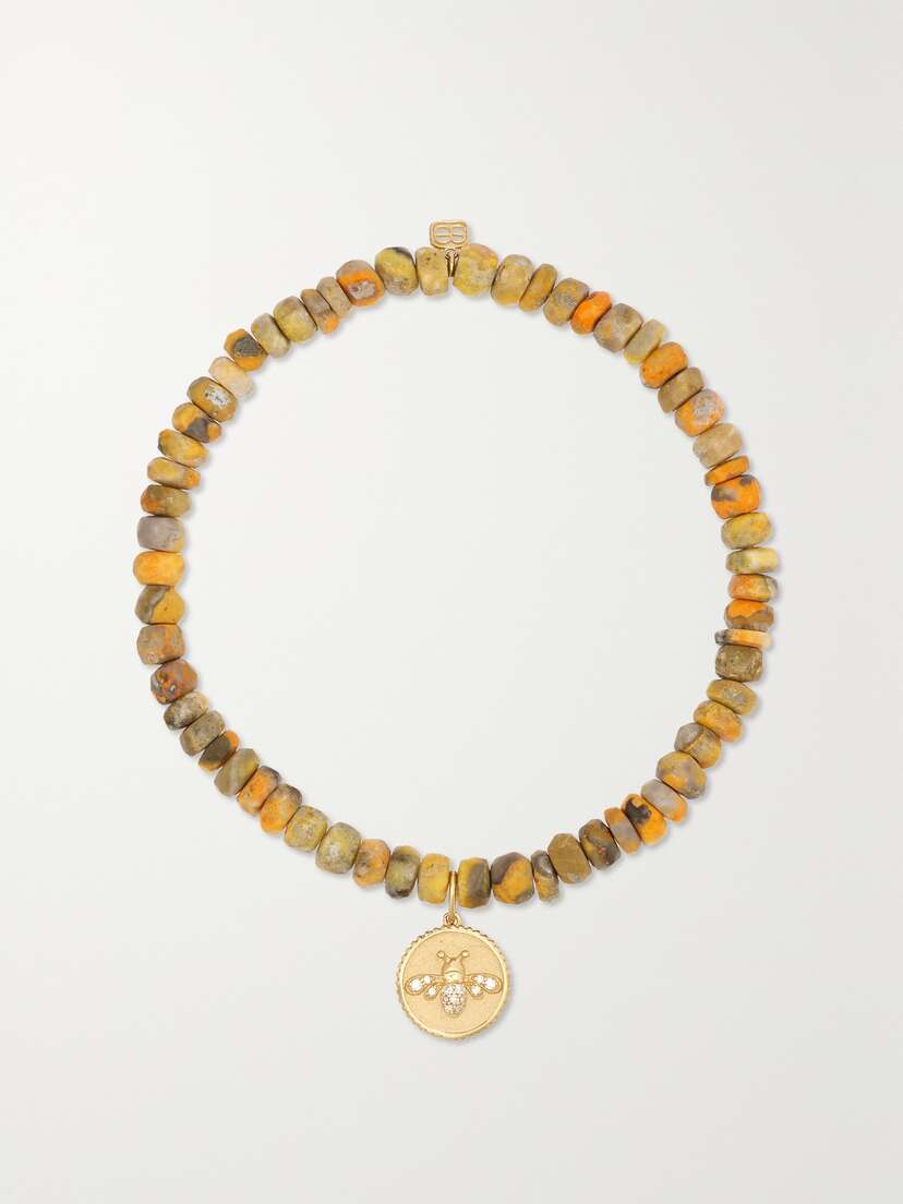 Sydney Evan Tiny Bee 14-karat Gold, Jasper And Diamond Bracelet