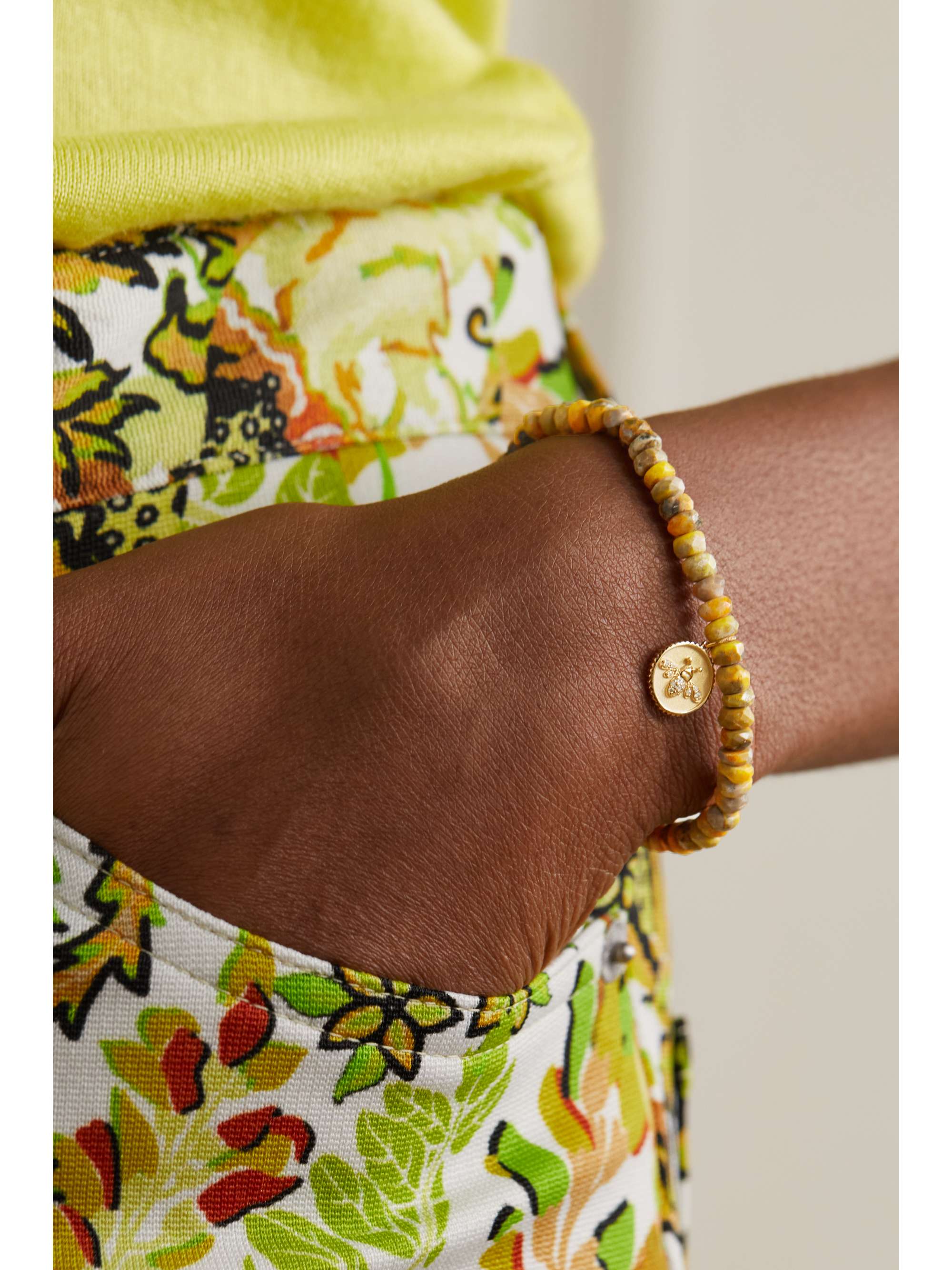 SYDNEY EVAN Tiny Bee 14-karat gold, jasper and diamond bracelet