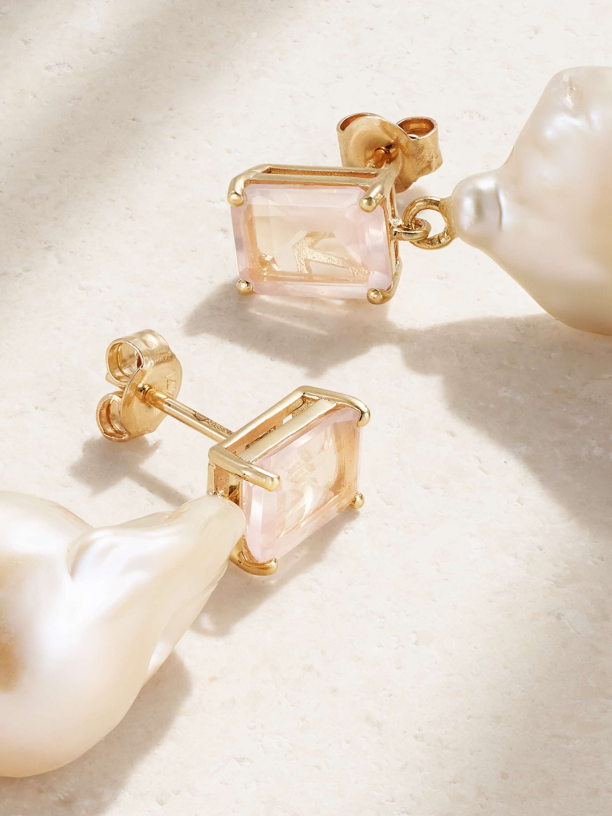 MATEO 14-karat gold, pearl and rose quartz earrings