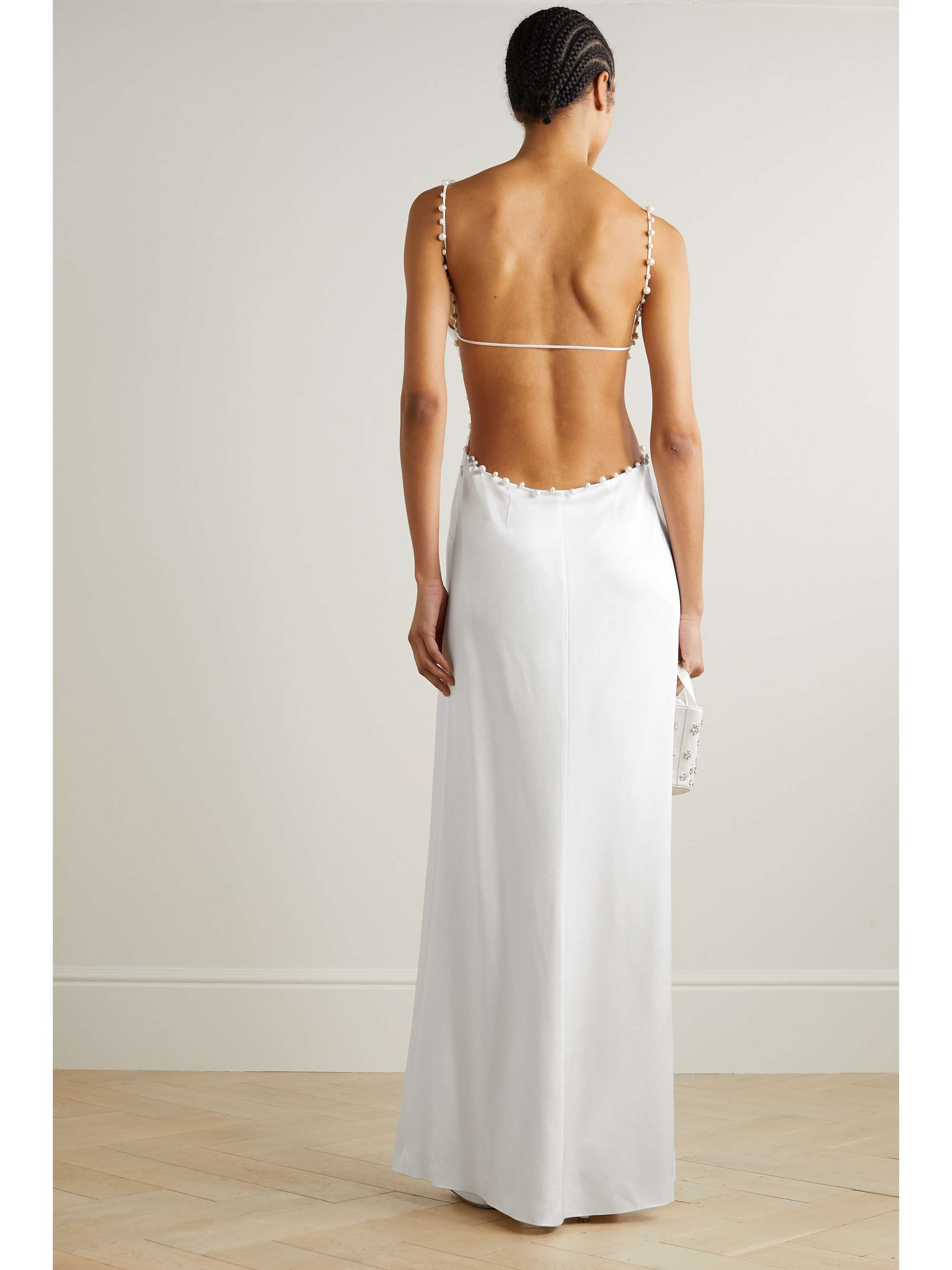 GALVAN Cove open-back pearl-embellished satin maxi dress